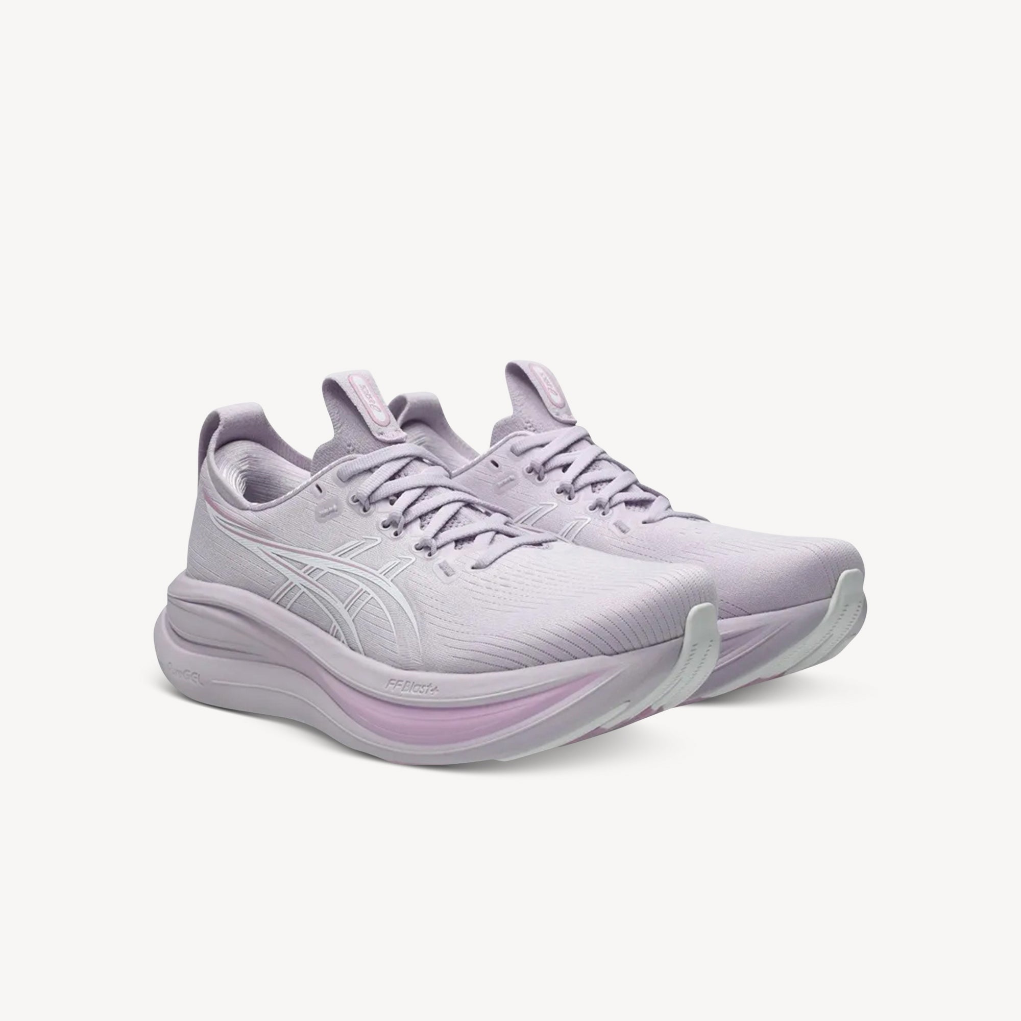 Side view of ASICS Gel-Nimbus 28 Dahlia/White women's – premium neutral road running shoe with FF BLAST MAX cushioning. Shop now at ProFeet Footwear.