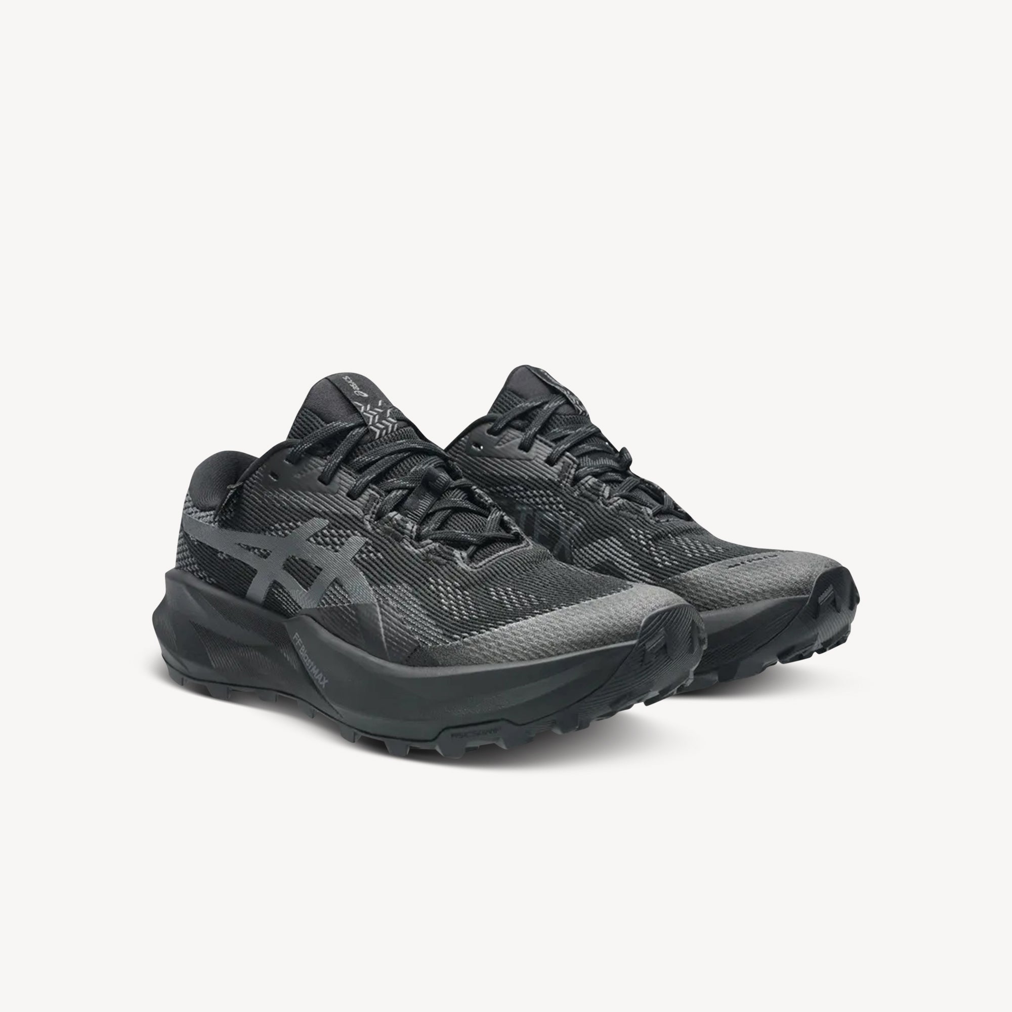 Side view of ASICS Gel-Trabuco 14 GTX Black/Graphite Grey women's – GORE-TEX waterproof trail running shoe. Shop now at ProFeet Footwear.