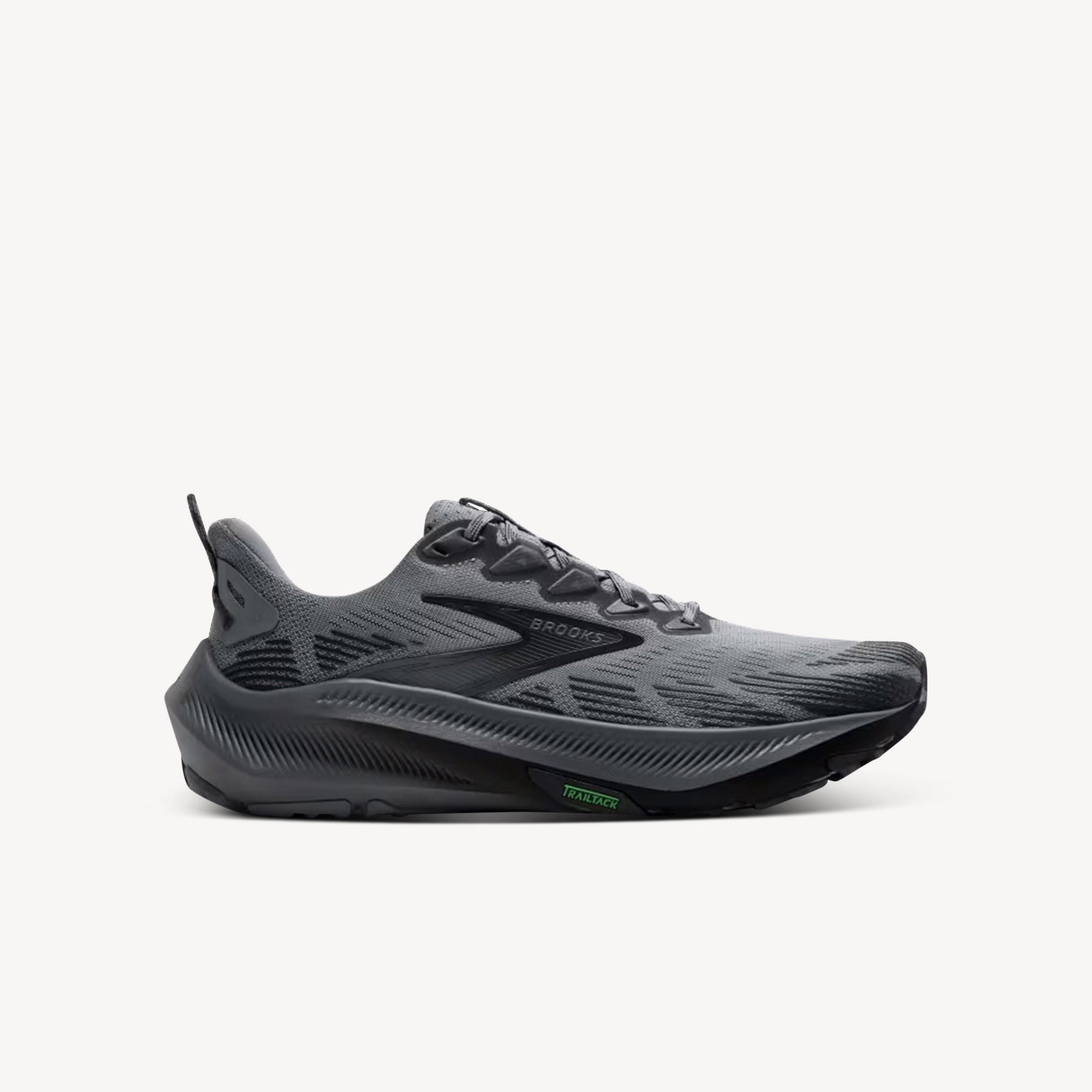Brooks Ghost Trail Gray/Gray/Blackened Pearl men's – trail running shoe with durable grip outsole and protective cushioning. Shop now at ProFeet Footwear.