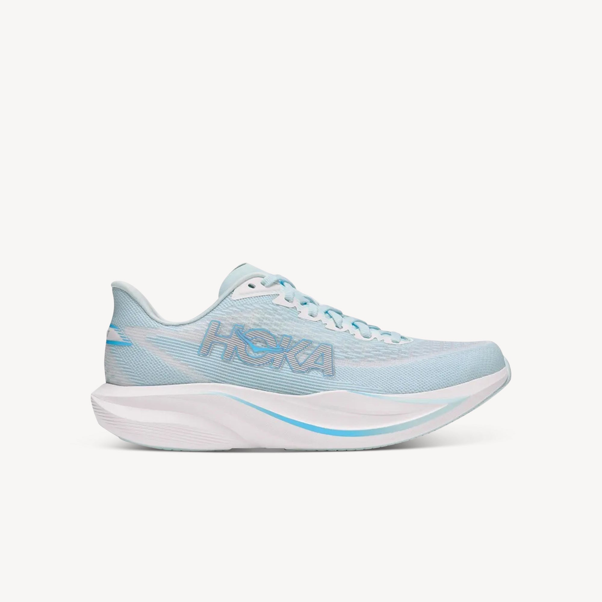 Hoka Mach 7 Glimmering Blue/Frost women's – lightweight, responsive speed trainer for road running. Shop now at ProFeet Footwear.
