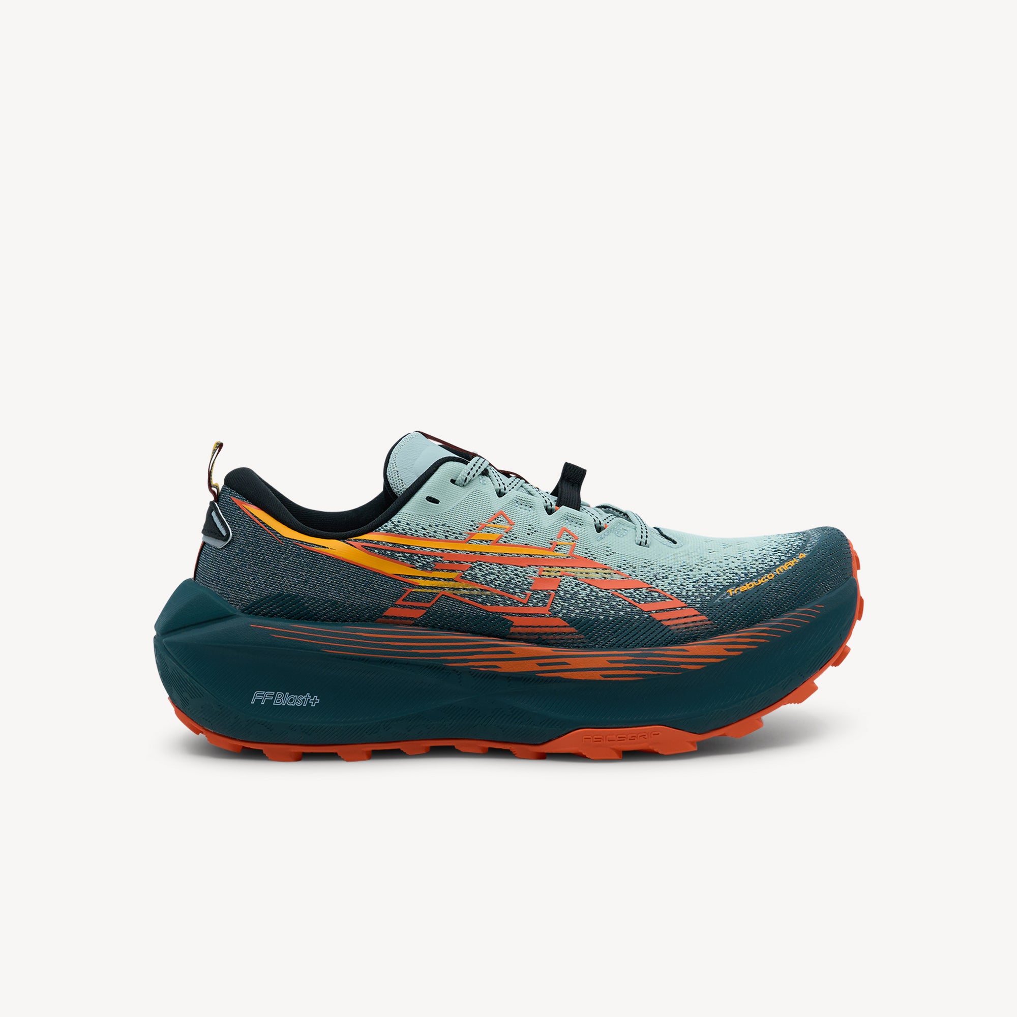 ASICS Trabuco Max 4 men's trail running shoe in cold moss and nova orange colorway showing FF BLAST™ PLUS ECO midsole and ASICSGRIP™ outsole available at ProFeet Footwear