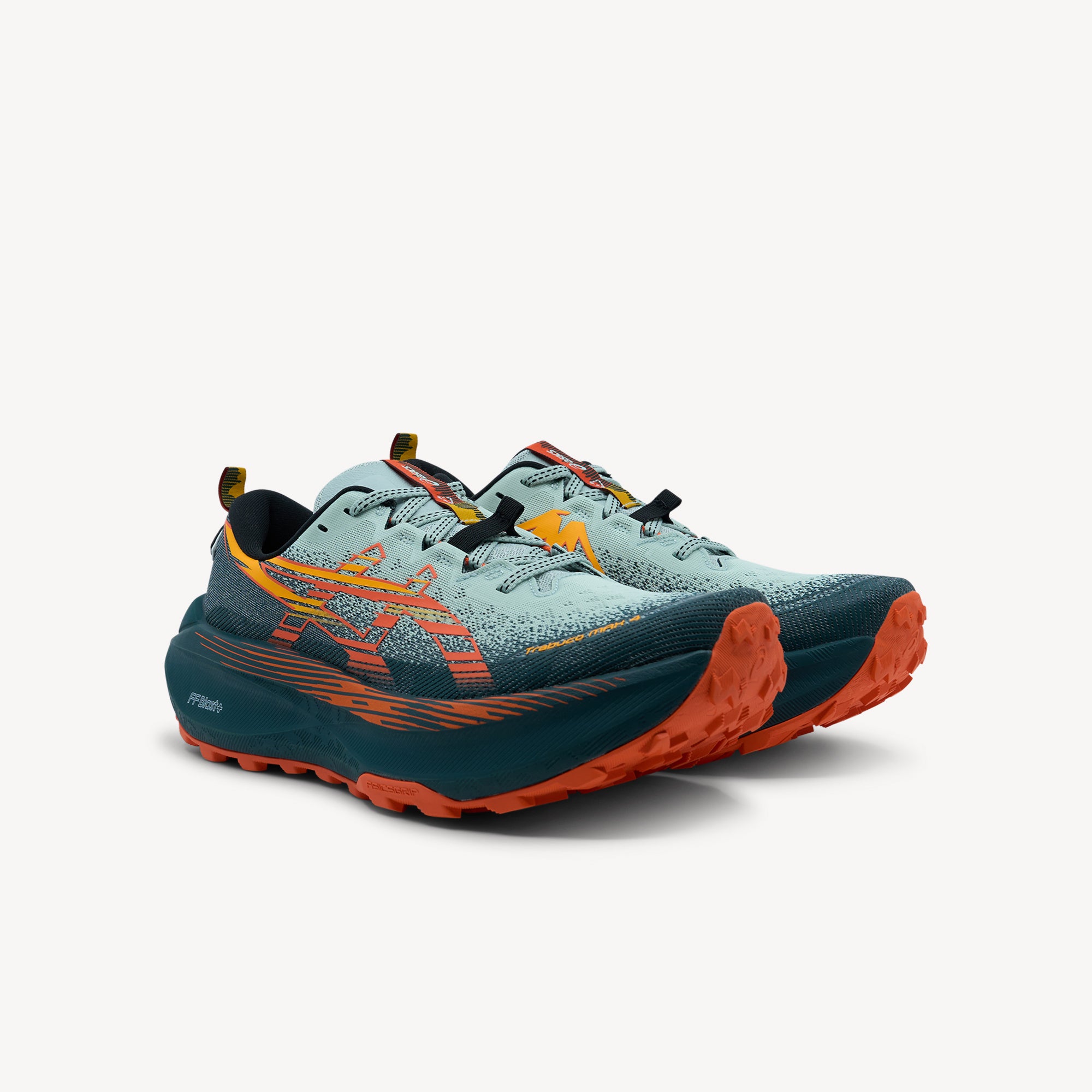 ASICS Trabuco Max 4 men's trail running shoe in cold moss and nova orange colorway showing FF BLAST™ PLUS ECO midsole and ASICSGRIP™ outsole available at ProFeet Footwear