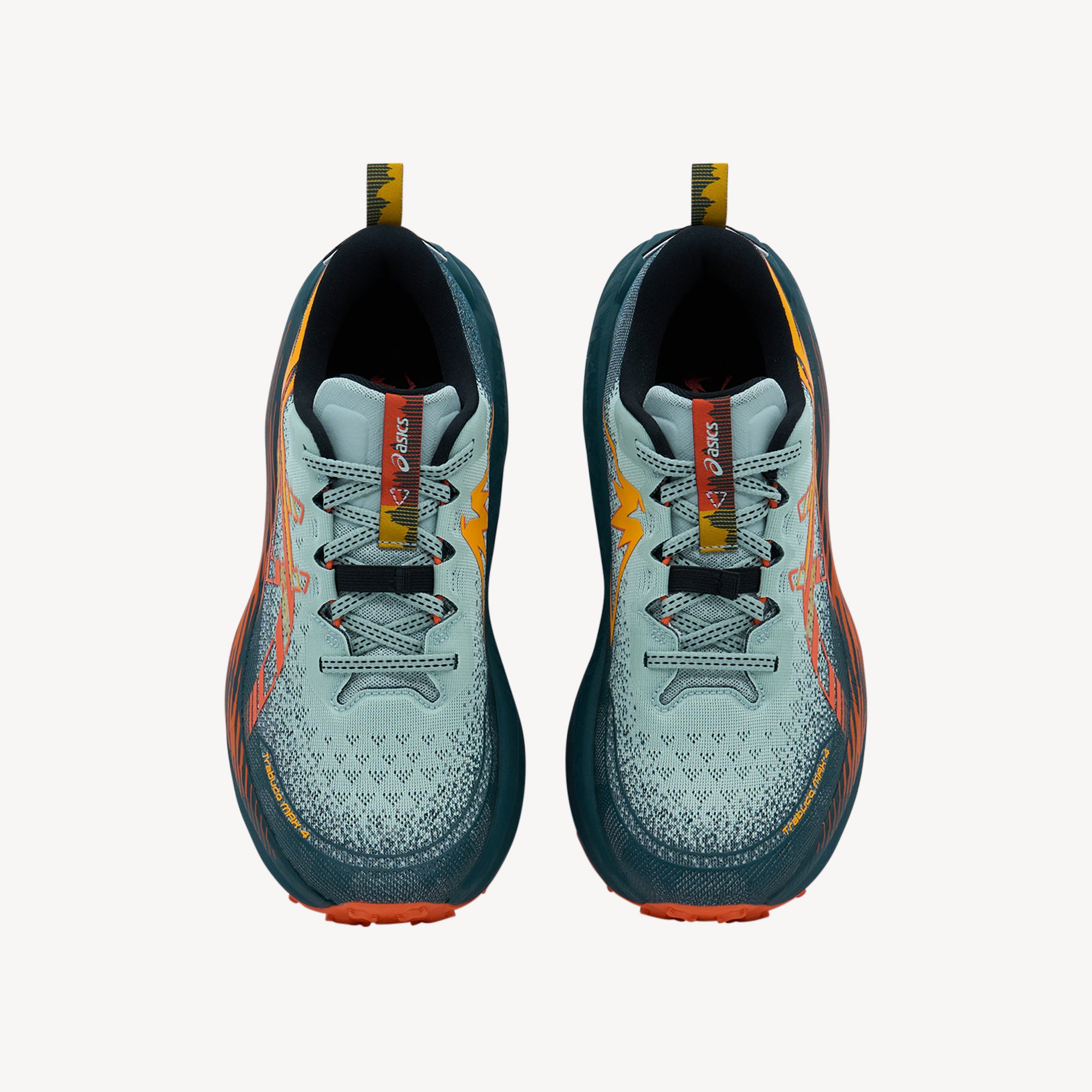 ASICS Trabuco Max 4 men's trail running shoe in cold moss and nova orange colorway showing FF BLAST™ PLUS ECO midsole and ASICSGRIP™ outsole available at ProFeet Footwear