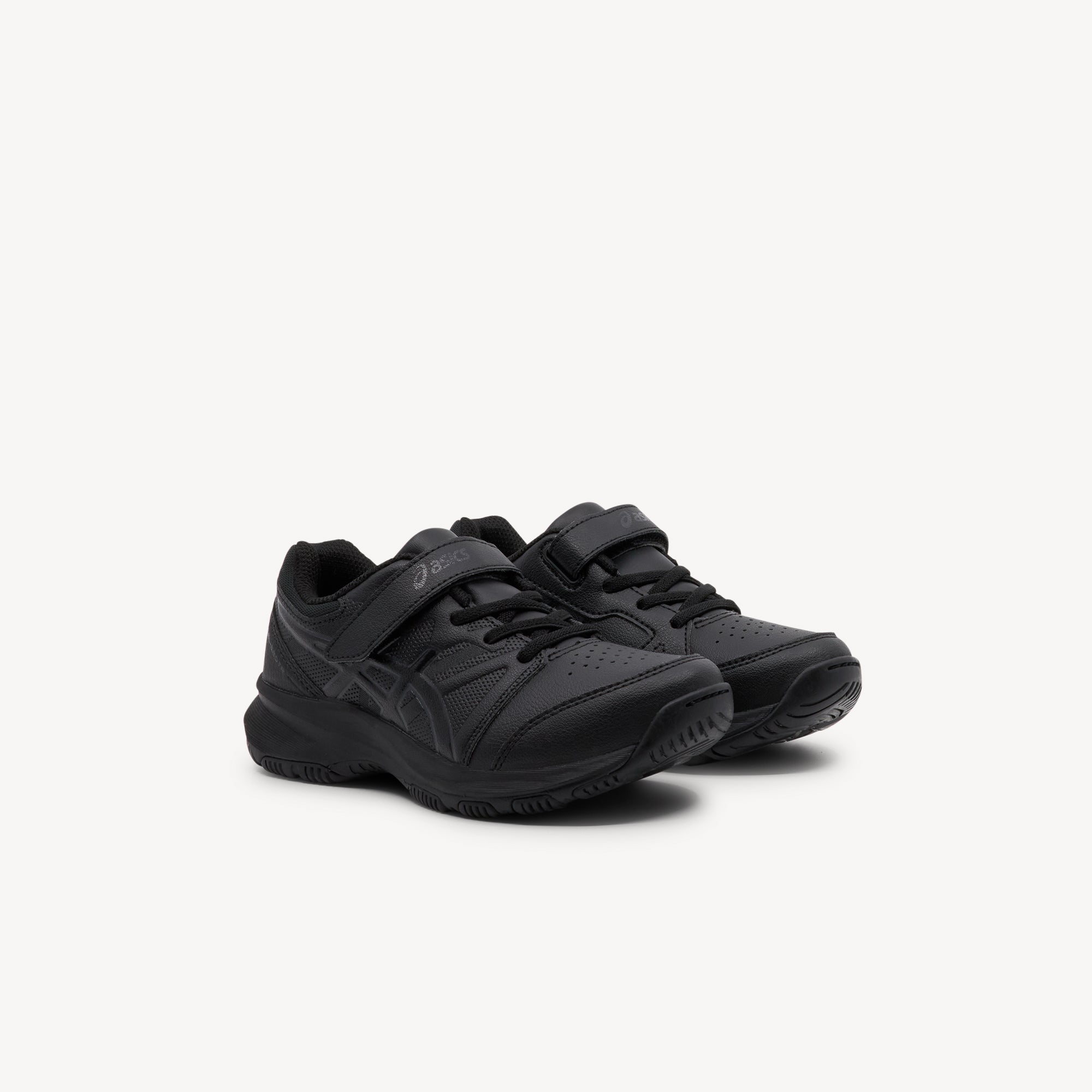 Side view of ASICS GEL‑550TR PS Black/Black Kids features shock‑absorbing GEL™ tech, stable DUOMAX™ midsole, synthetic‐leather build and easy on/off strap for active young feet.