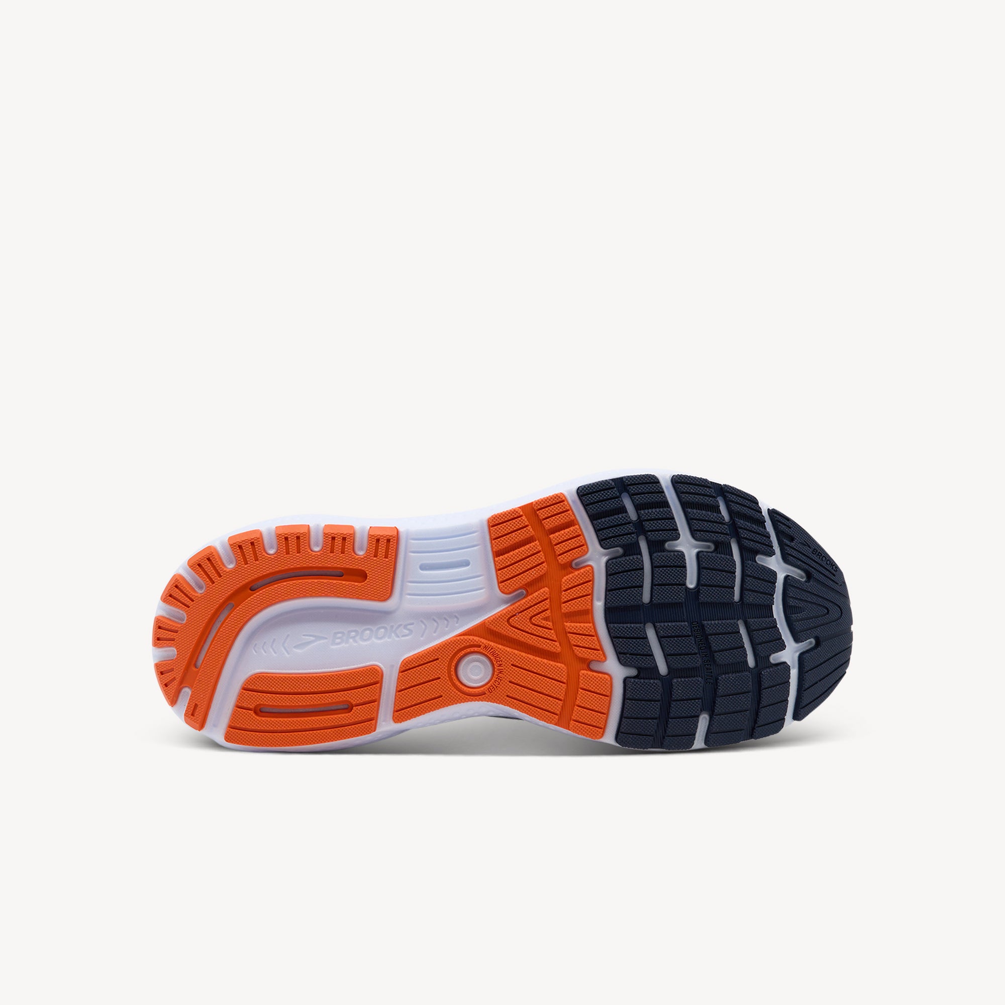 Outsole view of Brooks Ghost 16. Durable RoadTack Rubber Outsole features innovative rubber infused with recycled silica. Shop now at Profeet Footwear.