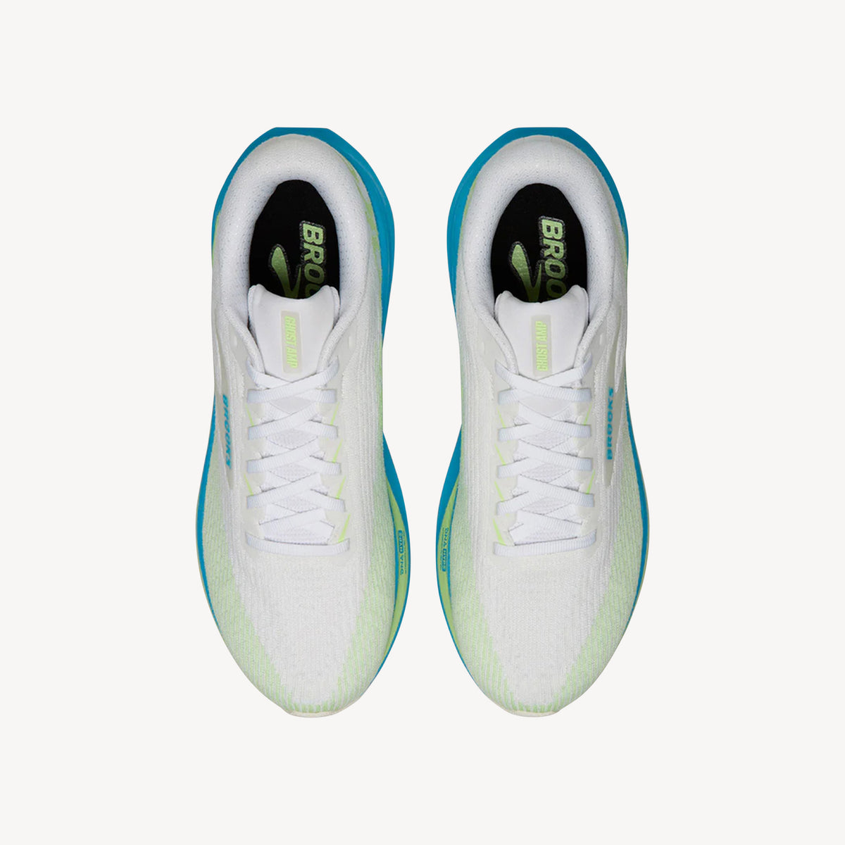 Top view of Brooks Ghost Amp White/Blue/Paradise Green men's – DNA HYPE foam and SpringRamp forefoot technology for responsive road running. Shop now at ProFeet Footwear.