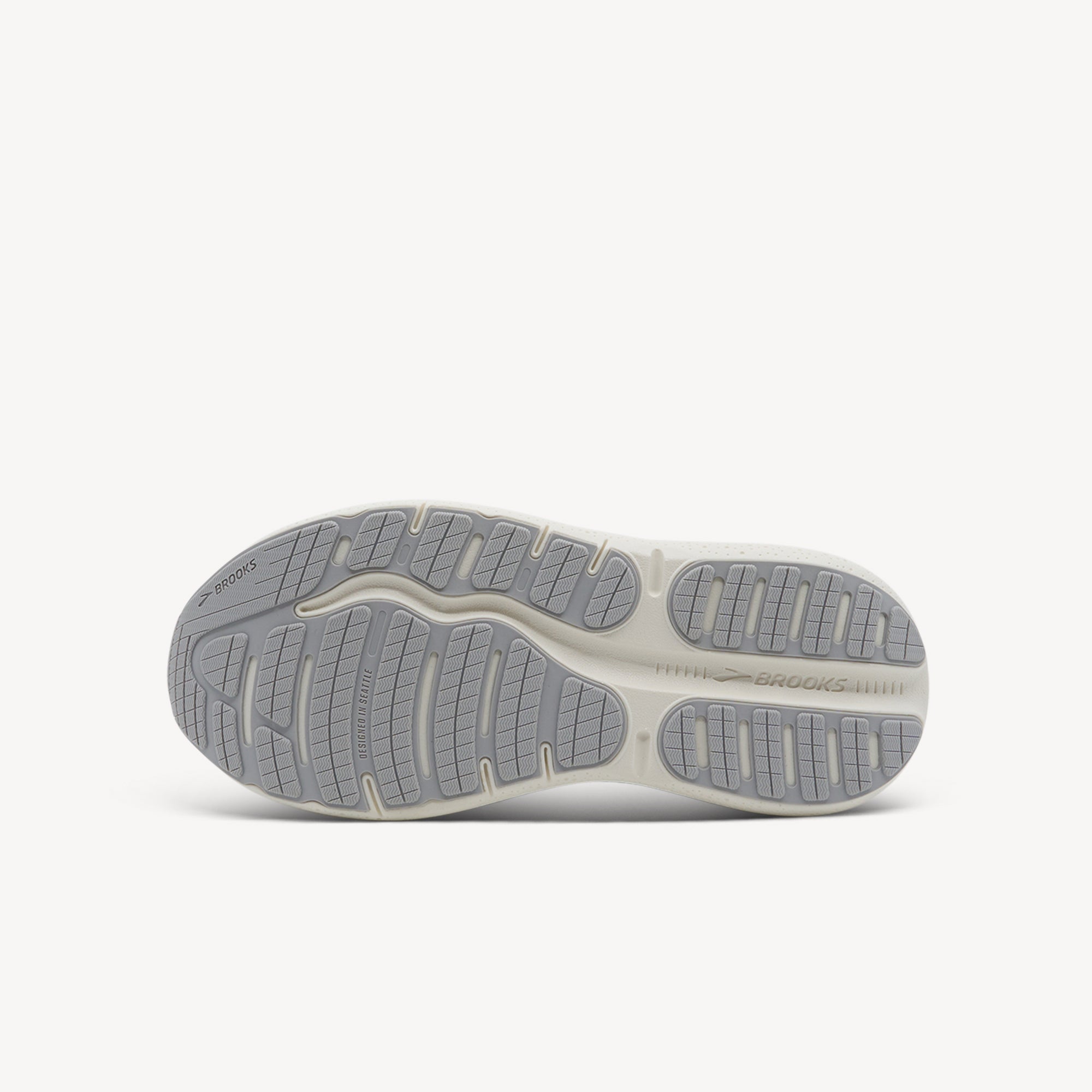 Outsole view of Brooks Ghost Max Leather. Broad Stable Base delivers inherent stability with raised sidewalls. Shop now at Profeet Footwear.