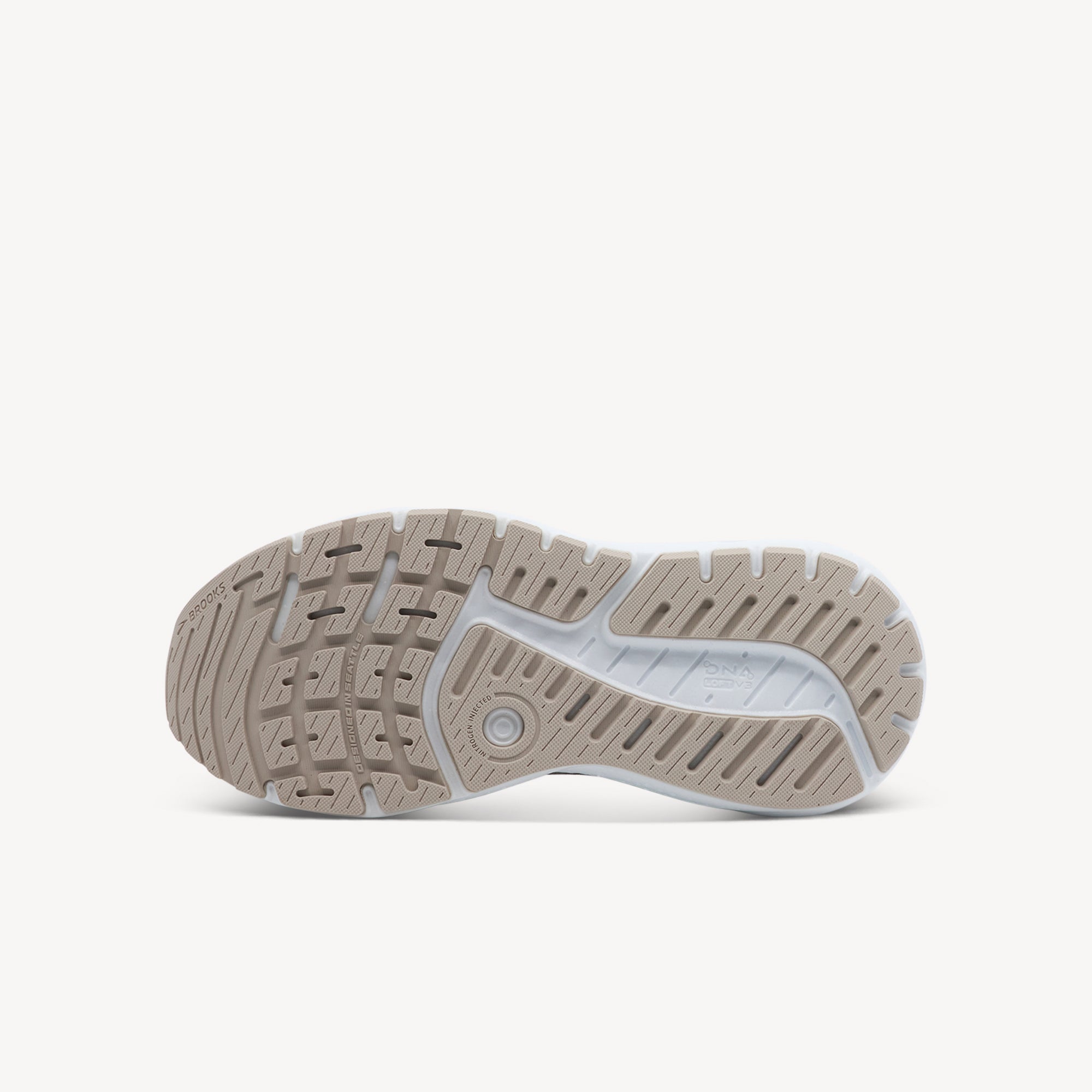 Outsole view of Brooks Ariel GTS 24. Full-Coverage Rubber Outsole features durable rubber extending across entire sole providing superior traction long-lasting wear and preventing excessive flexion