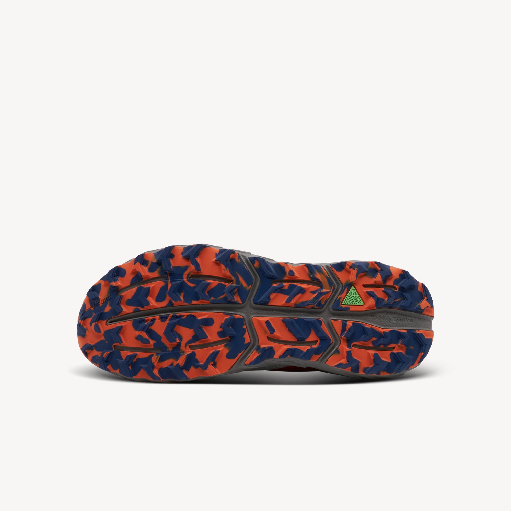 Outsole view of Brooks Cascadia 17 features all-terrain stability at Profeet Footwear. TrailTack traction and soft cushioning for mountain trail running. Shop now.