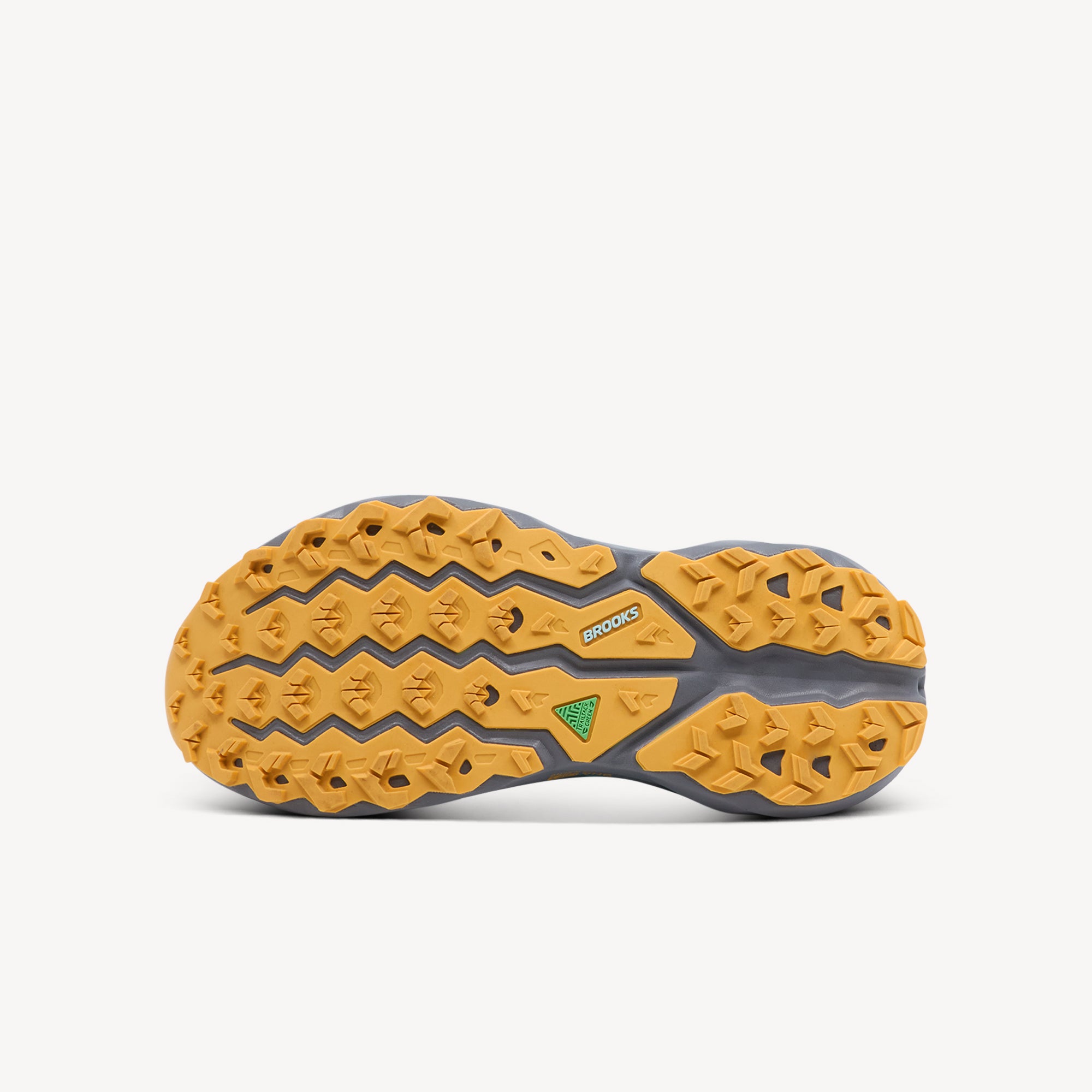 TrailTack Green outsole of Brooks Cascadia 19 women's featuring 4.5mm multidirectional lugs with split chevron design for superior trail traction