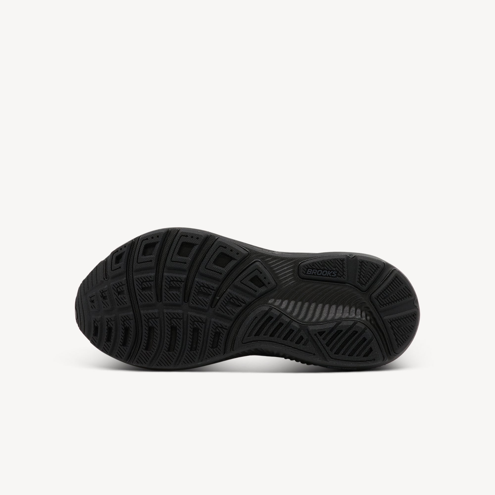 Outsole view of Brooks Ghost 17 features smooth transitions and updated midsole geometry working with flex grooves in outsole promoting effortless heel-to-toe flow for natural comfortable stride.