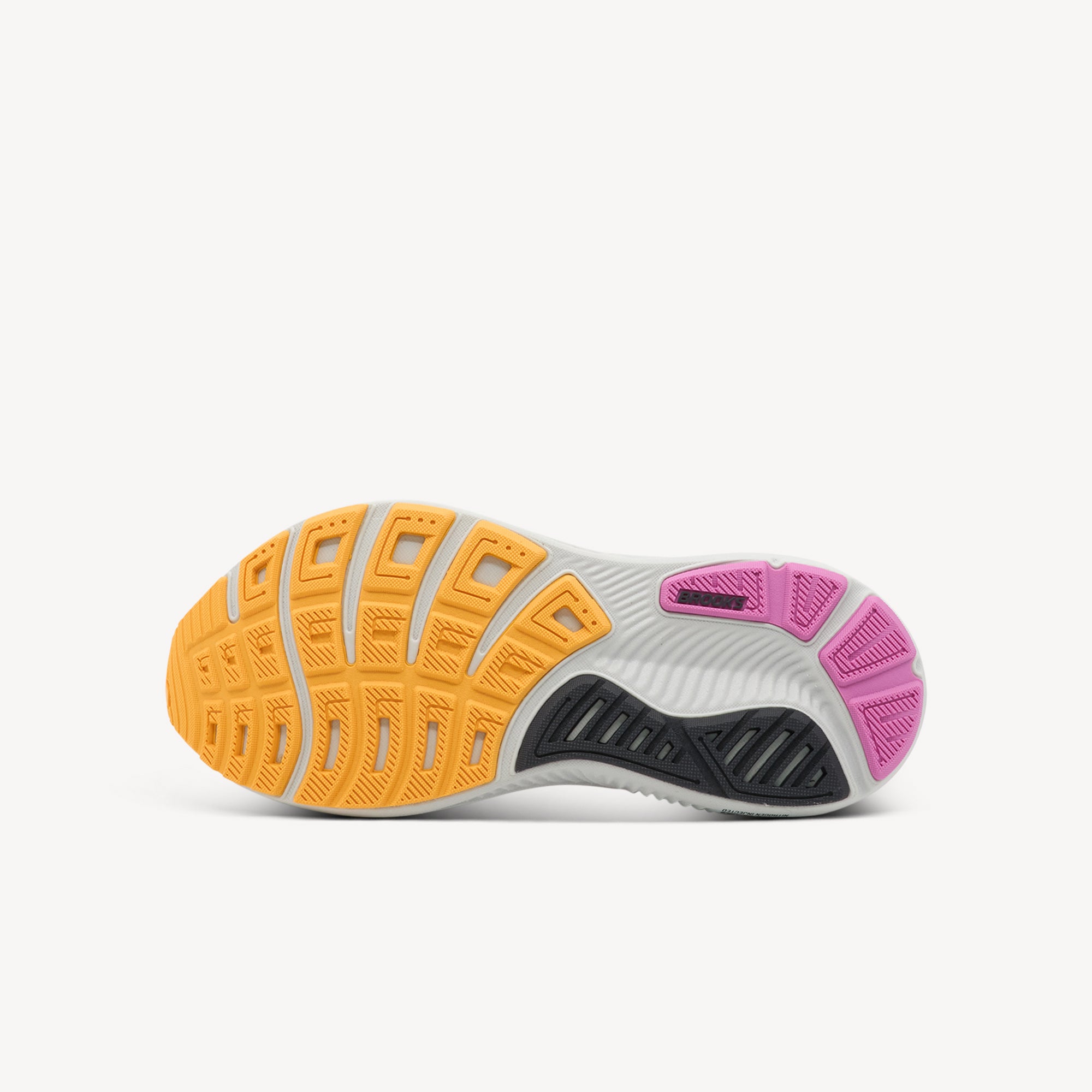 Outsole view of Brooks Ghost 17. Durable RoadTack Rubber Outsole features recycled materials with strategic rubber coverage. Shop now at Profeet Footwear.