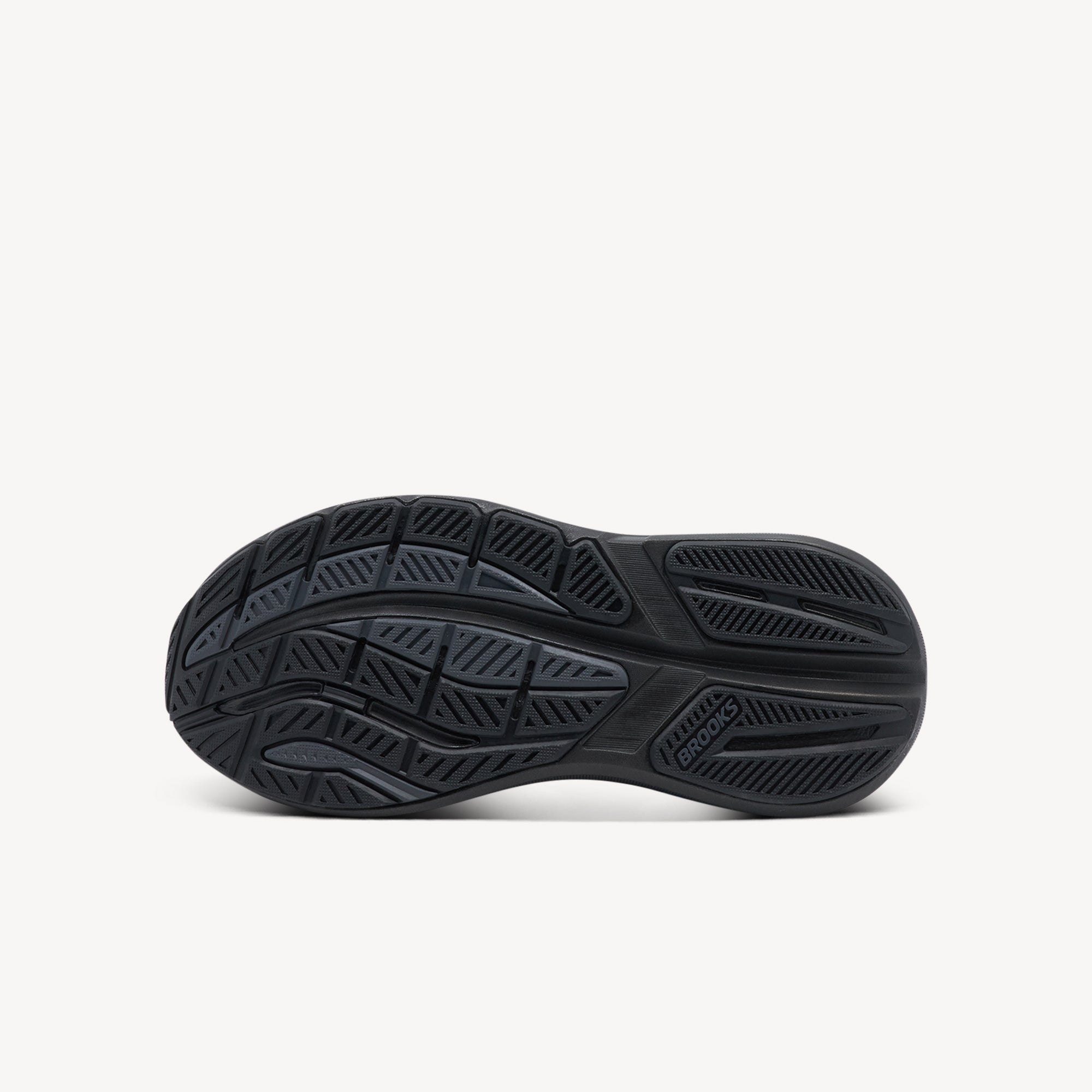 Outsole view of Brooks Ghost Max 3. Broad Stable Platform delivers wide midsole base providing impressive natural stability for neutral shoe preventing instability despite towering stack height. Shop now at Profeet Footwear.