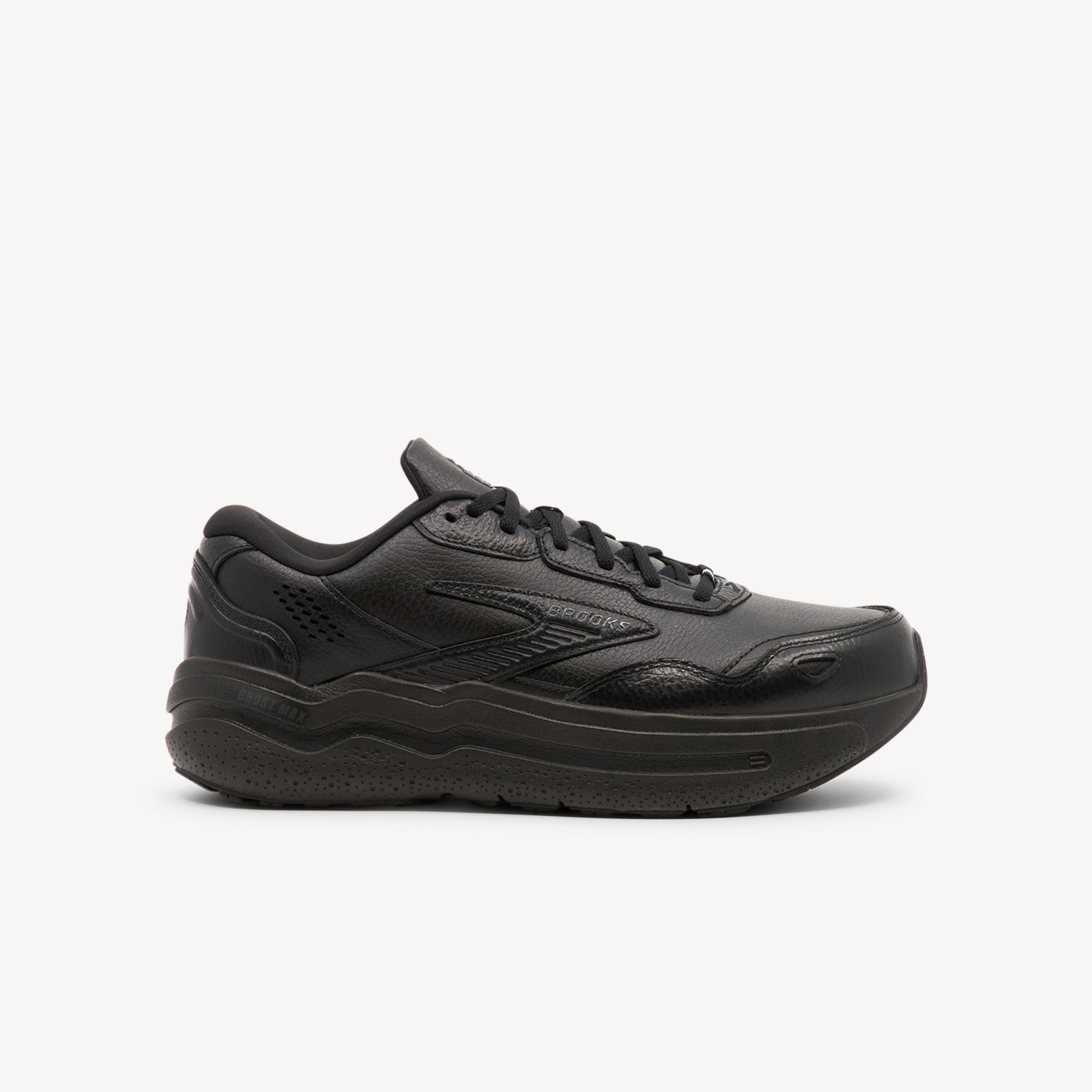 Brooks Ghost Max 2 Leather features easy-clean style at Profeet Footwear. Maximum cushioning with GlideRoll Rocker for effortless smooth transitions.