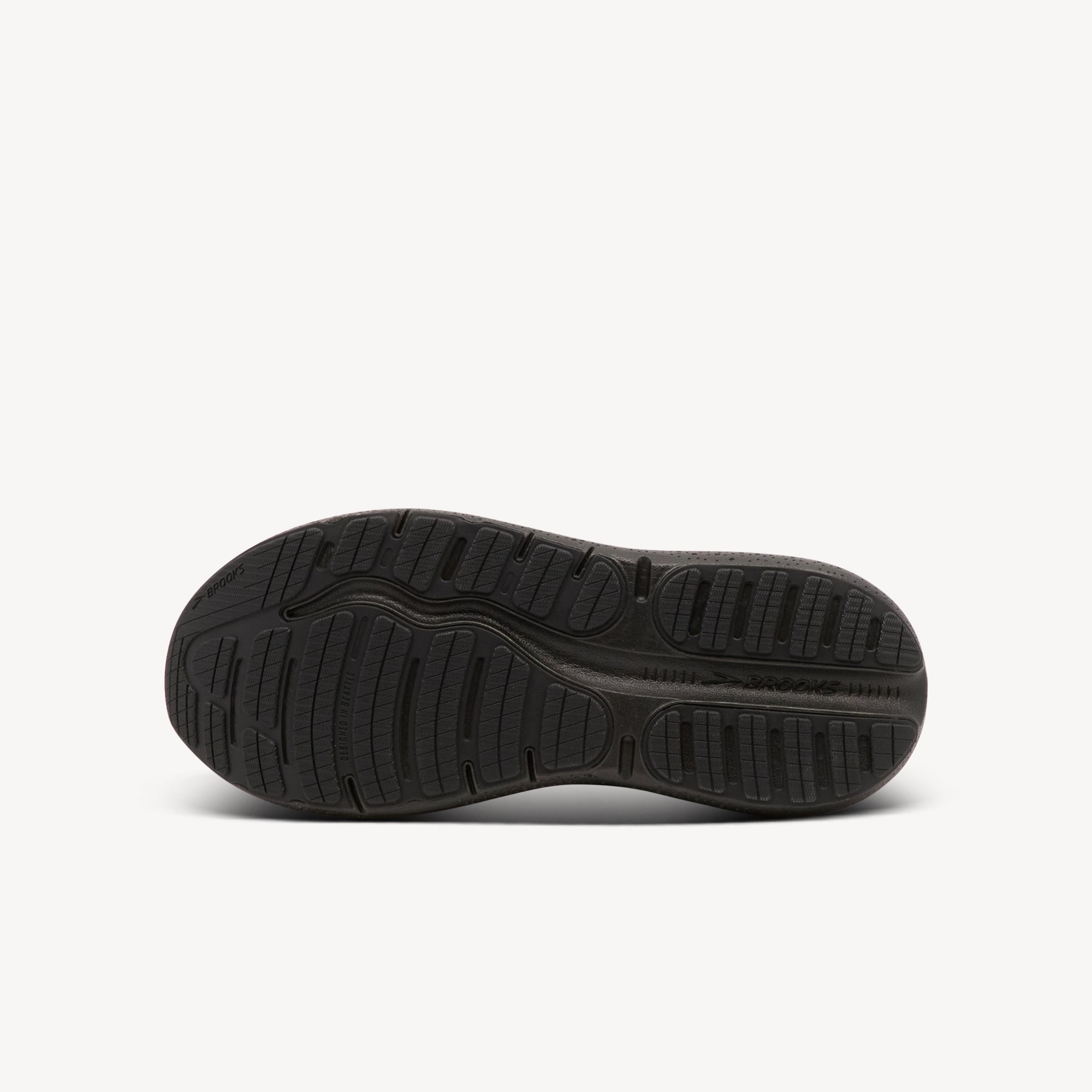 Outsole view of Brooks Ghost Max Leather. Broad Stable Base delivers inherent stability with raised sidewalls. Shop now at Profeet Footwear.