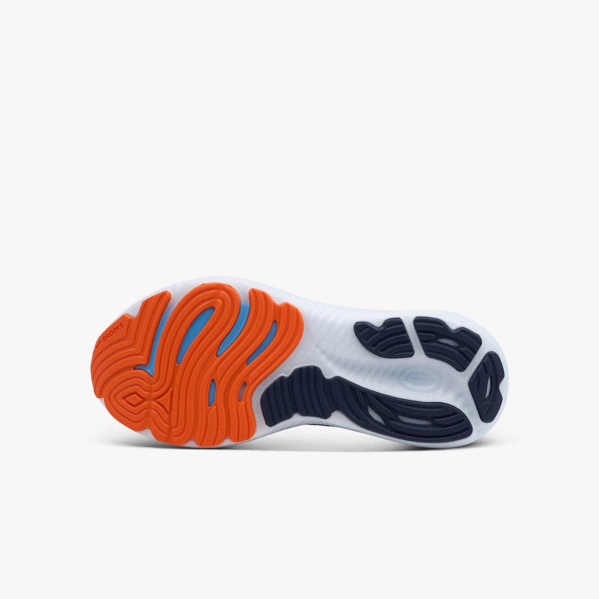 Outsole view of Brooks Glycerin 22. Broad Stable Platform delivers wider midsole base providing impressive natural stability for neutral shoe preventing instability despite generous stack height. Shop now at Profeet Footwear.