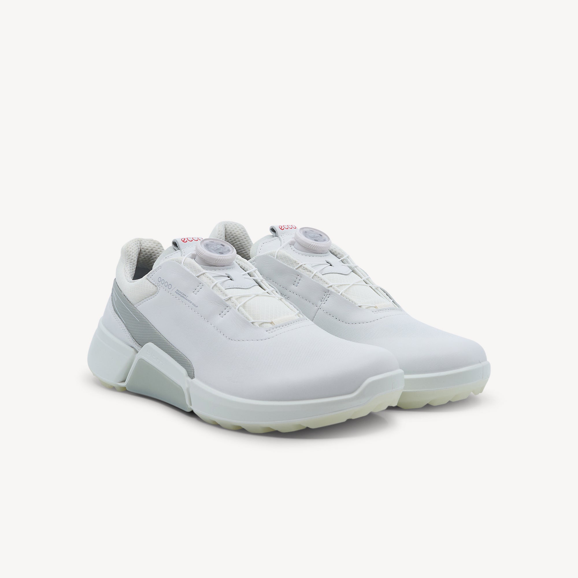 Side view of Ecco Golf Biom H4 BOA womens in White/Concrete. Biom Natural Motion, premium leather, X-Tensa stability, BOA dial. Expert-fitted. Locally-loved.