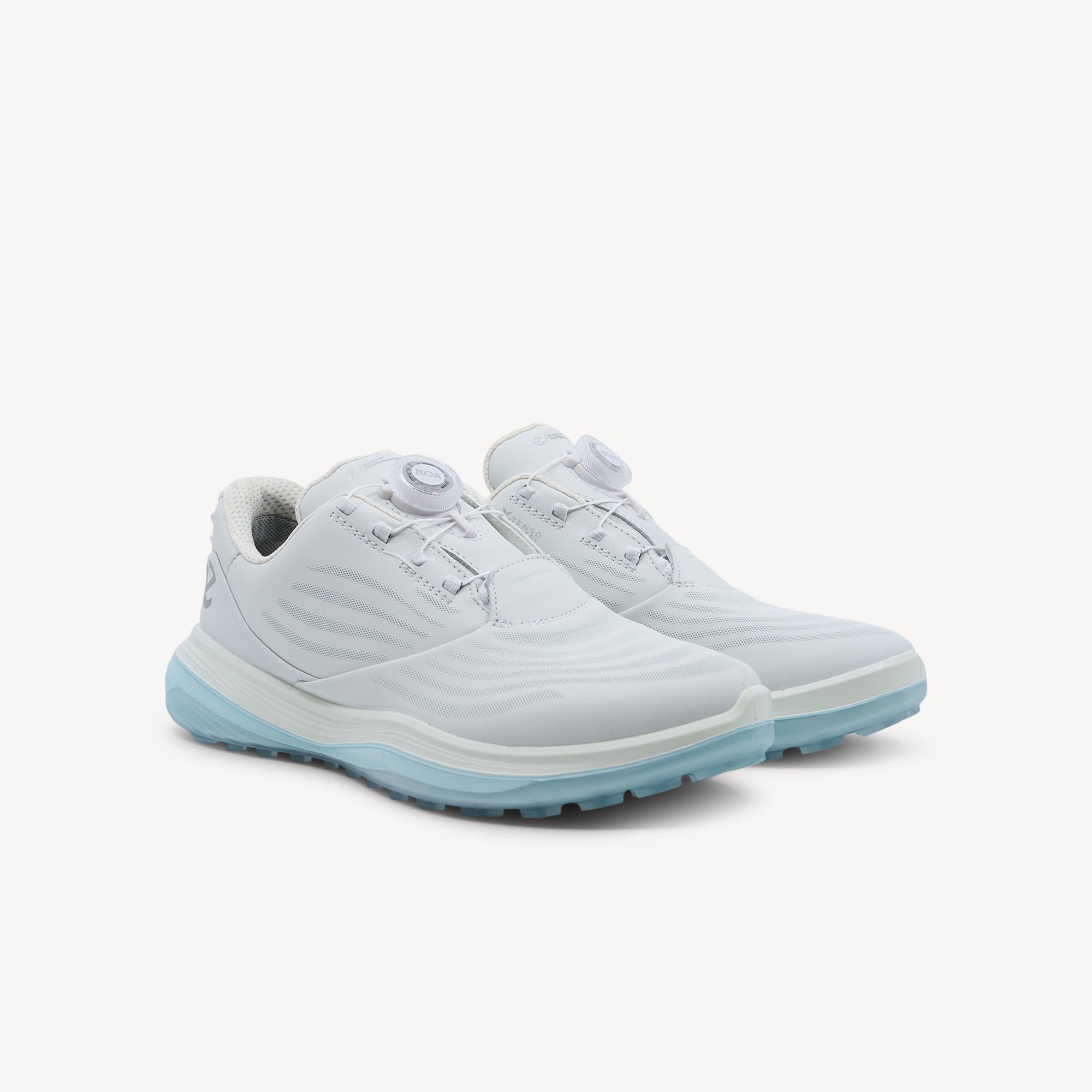 Side view of ECCO Golf LT1 White Womens features premium leather, waterproof membrane, ultra‑light rebound midsole and sneaker‑style playing comfort. Available now.
