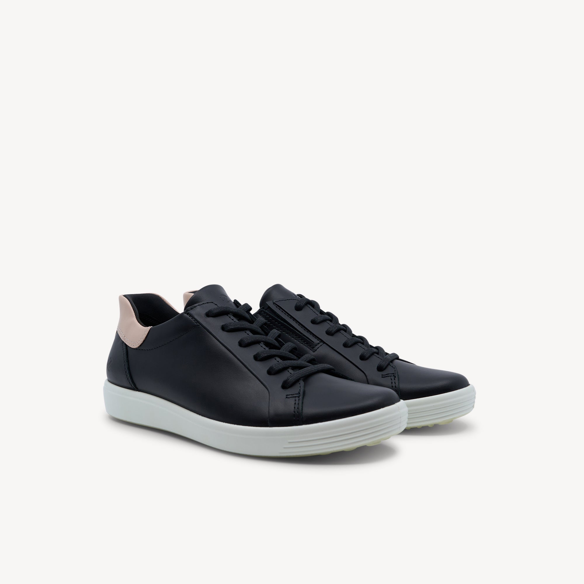 Side view of ECCO Soft 7 Easy Slip Lace Black/Rose Dust Womens delivers stylish leather slip‑in comfort and a removable in‑sole for extra width. Available now at Profeet Footwear.