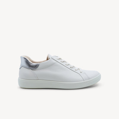 ECCO Soft 7 Easy Slip Lace White/Pure Silver Womens features soft leather upper, removable insole and easy step‑in design for all‑day wear.