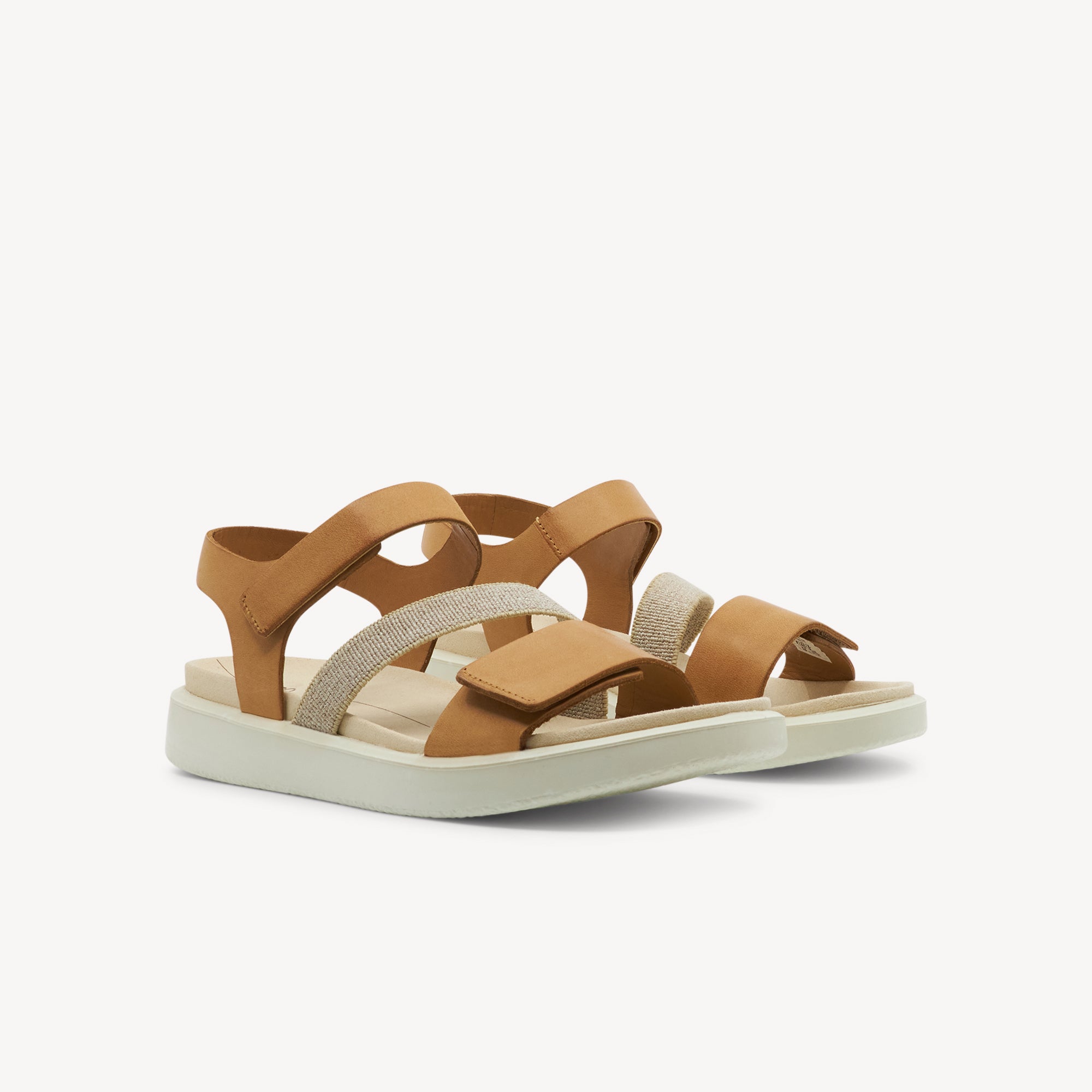 Side view of ECCO Flowt Flat Sandal Lion Womens features premium leather upper, cushioned footbed and flexible FLUIDFORM™ sole tailored for style & comfort. Shop now.