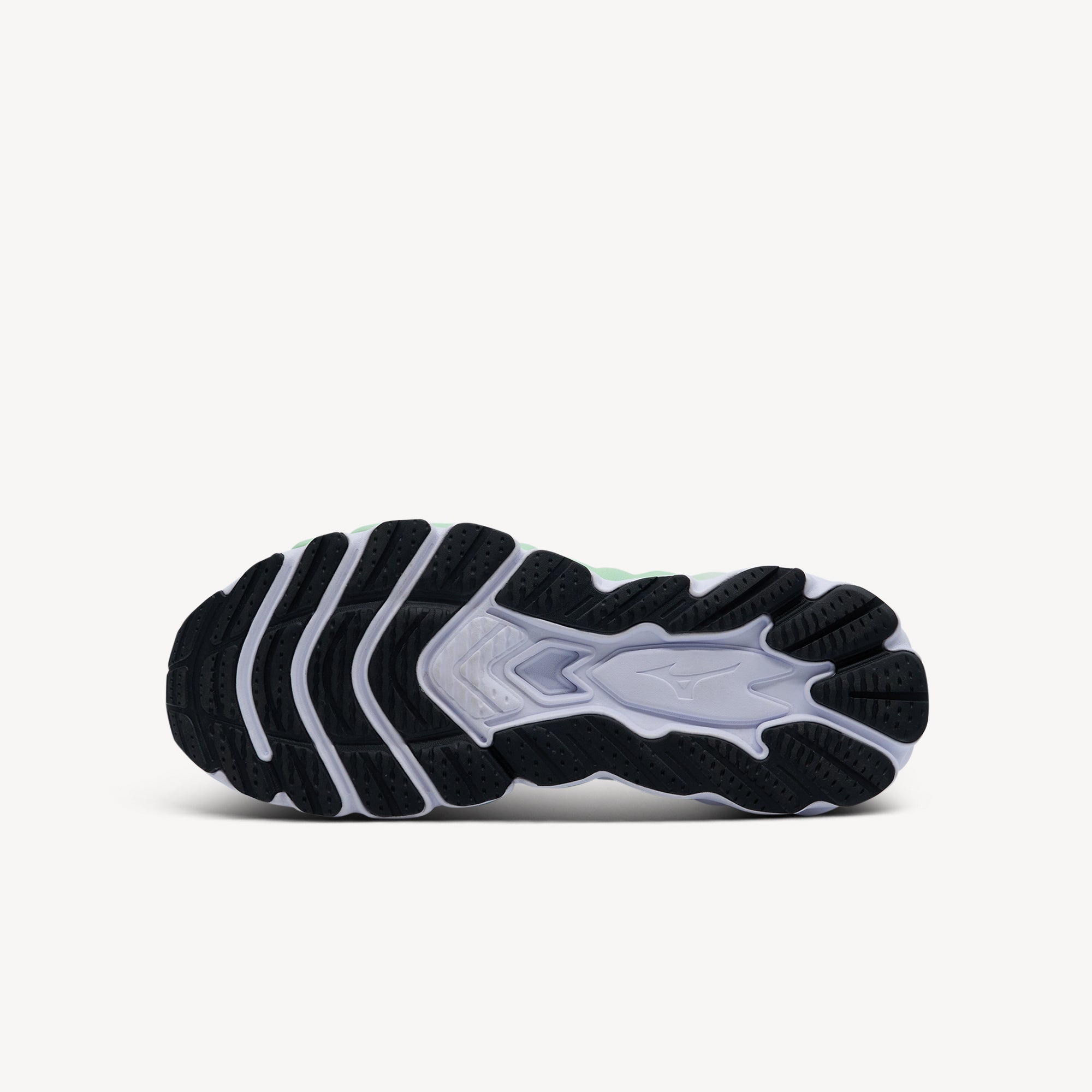 Outsole view of Mizuno Wave Sky 8 features Foam Wave cushioning at Profeet Footwear. Men's neutral running shoe for soft, responsive daily training and comfort.