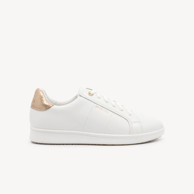 Frankie4 Jackie V features triple-layer support & leather at Profeet Footwear. White sneaker with rose gold accents & podiatrist-designed comfort.