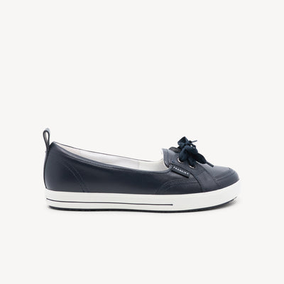 Frankie4 Sophie IV features triple-layer support & navy leather at Profeet Footwear. Elegant slip-on flat with podiatrist-designed comfort & sophisticated style.