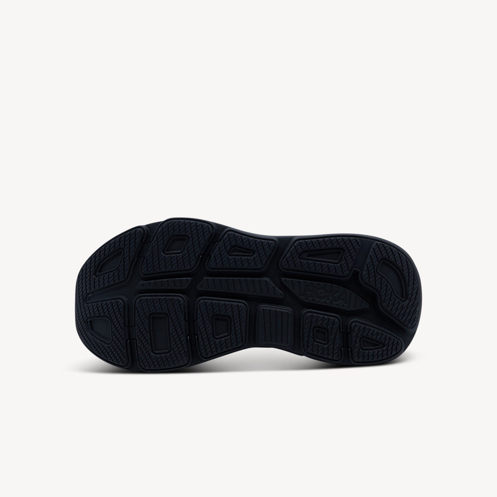 Outsole view of Hoka Bondi 9 features max cushioning at Profeet Footwear. Plush neutral trainer with extended heel geometry for all-day comfort. Shop now.