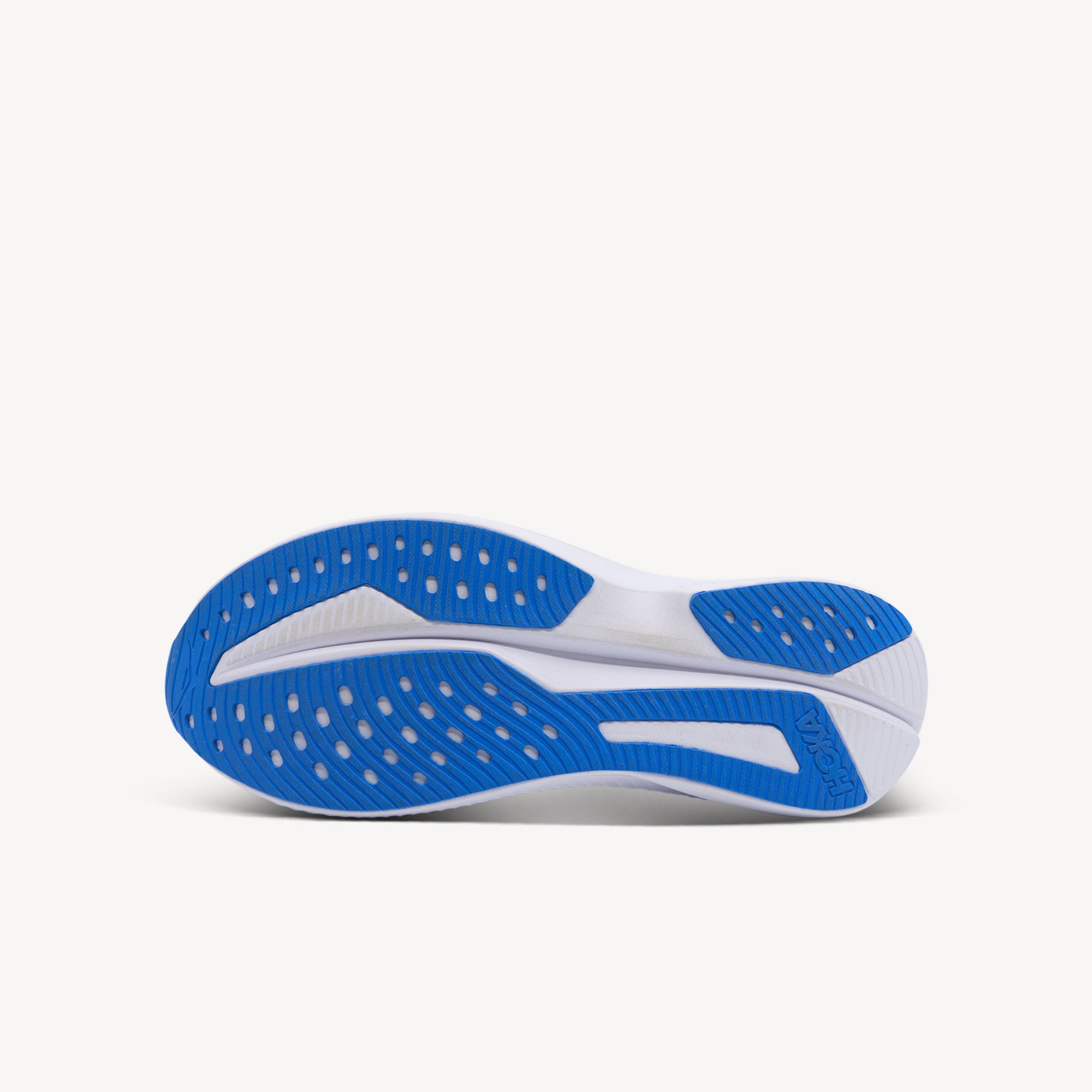 Outsole view of Hoka Mach 6. Strategic Rubber Outsole Coverage delivers enhanced durability with Durabrasion rubber. Shop now at Profeet Footwear.