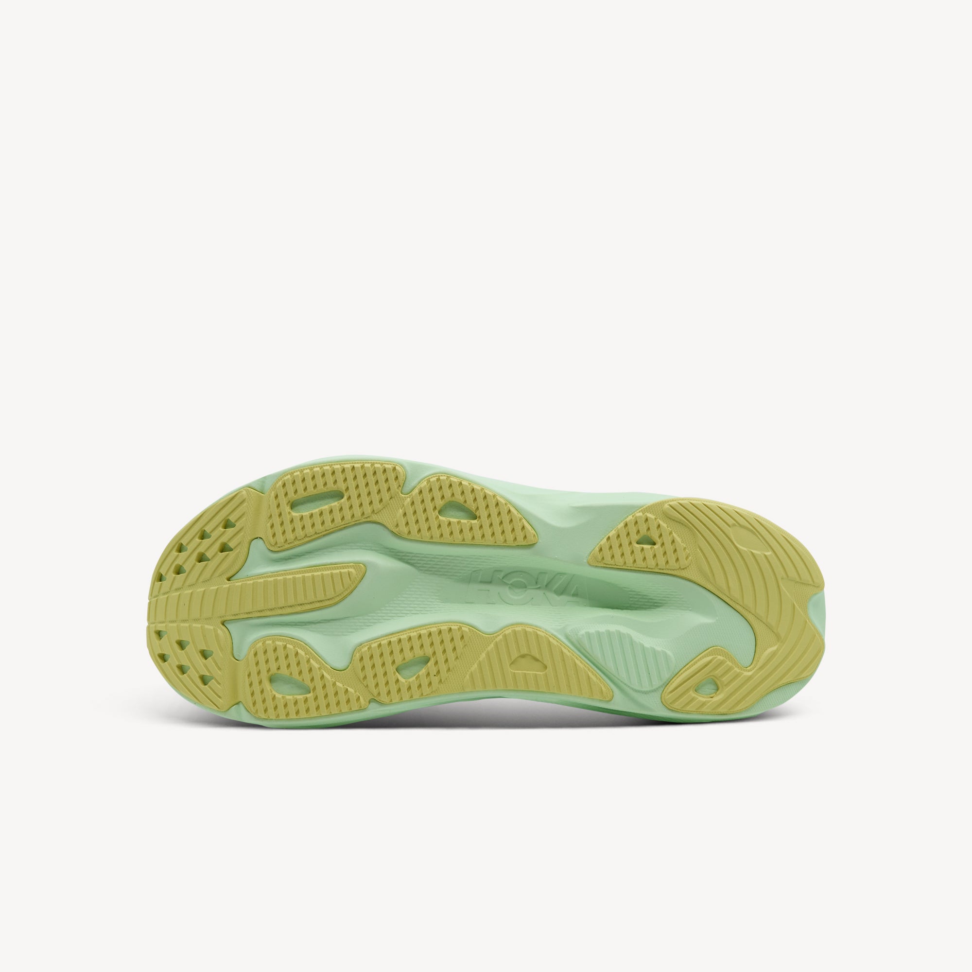 Outsole view of Hoka Skyflow. Strategic Rubber Outsole Coverage delivers enhanced durability with Durabrasion rubber in high-wear zones. Shop now at Profeet Footwear.