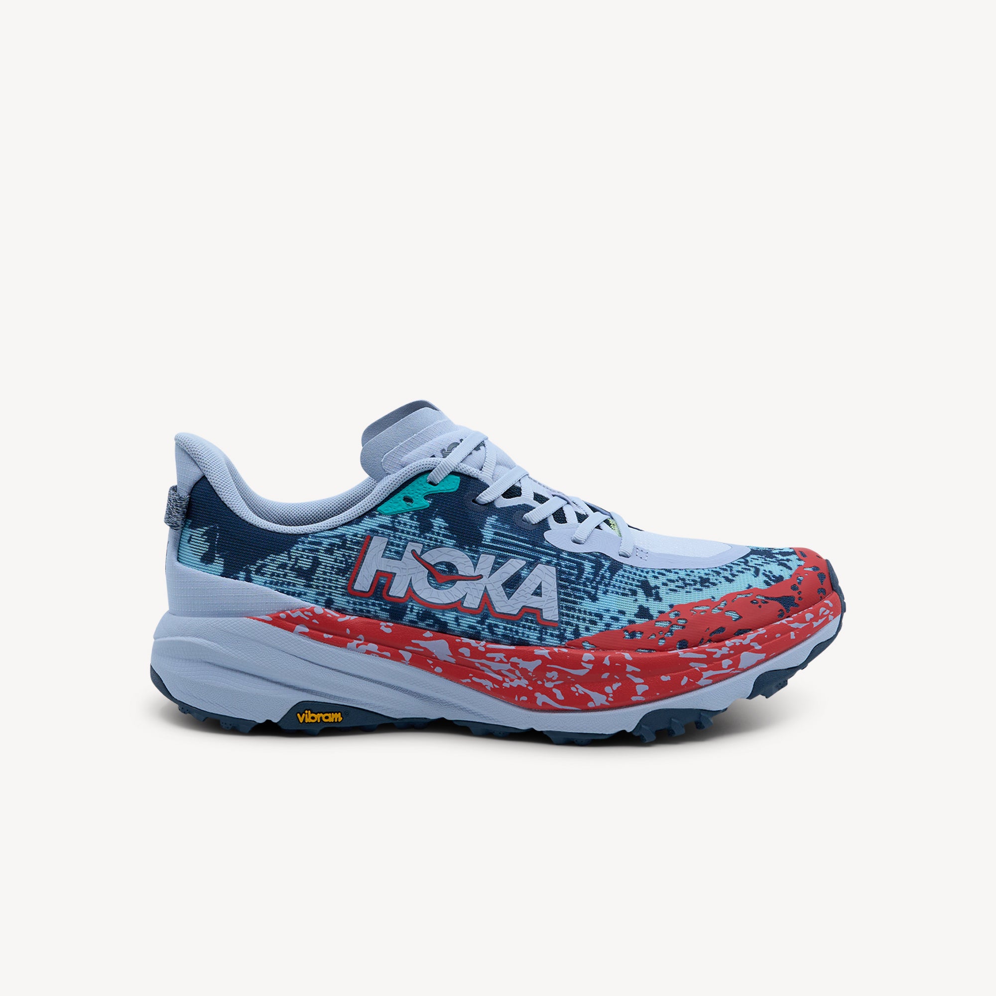 Hoka Speedgoat 6 features trail dominance at Profeet Footwear. Cushioned technical trail runner with 5mm lugs for rugged terrain. Shop now.