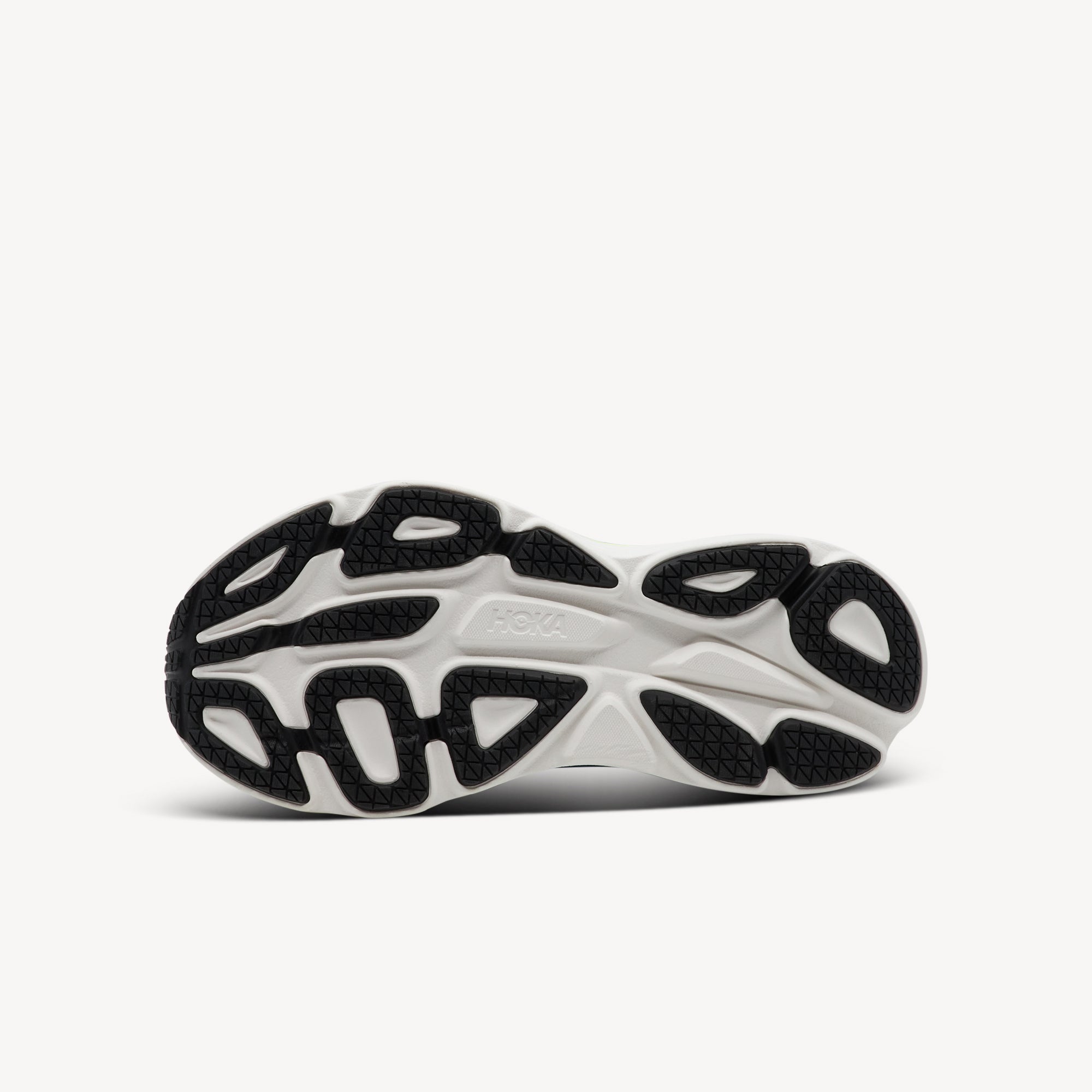 Outsole view of Hoka Bondi 8 features max cushioning at Profeet Footwear. Plush neutral trainer with extended heel geometry for all-day comfort. Shop now.