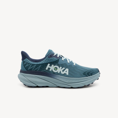 HOKA Challenger ATR 7 men's trail running shoe in mountain fog and druzy colorway showing lightweight design and gravel tire-inspired outsole available at ProFeet Footwear