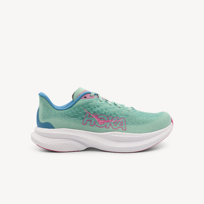 Hoka Mach 6 women's shoes feature supercritical foam midsole & strategic rubber outsole at Profeet Footwear. Lightweight versatility for tempo runs & race day.