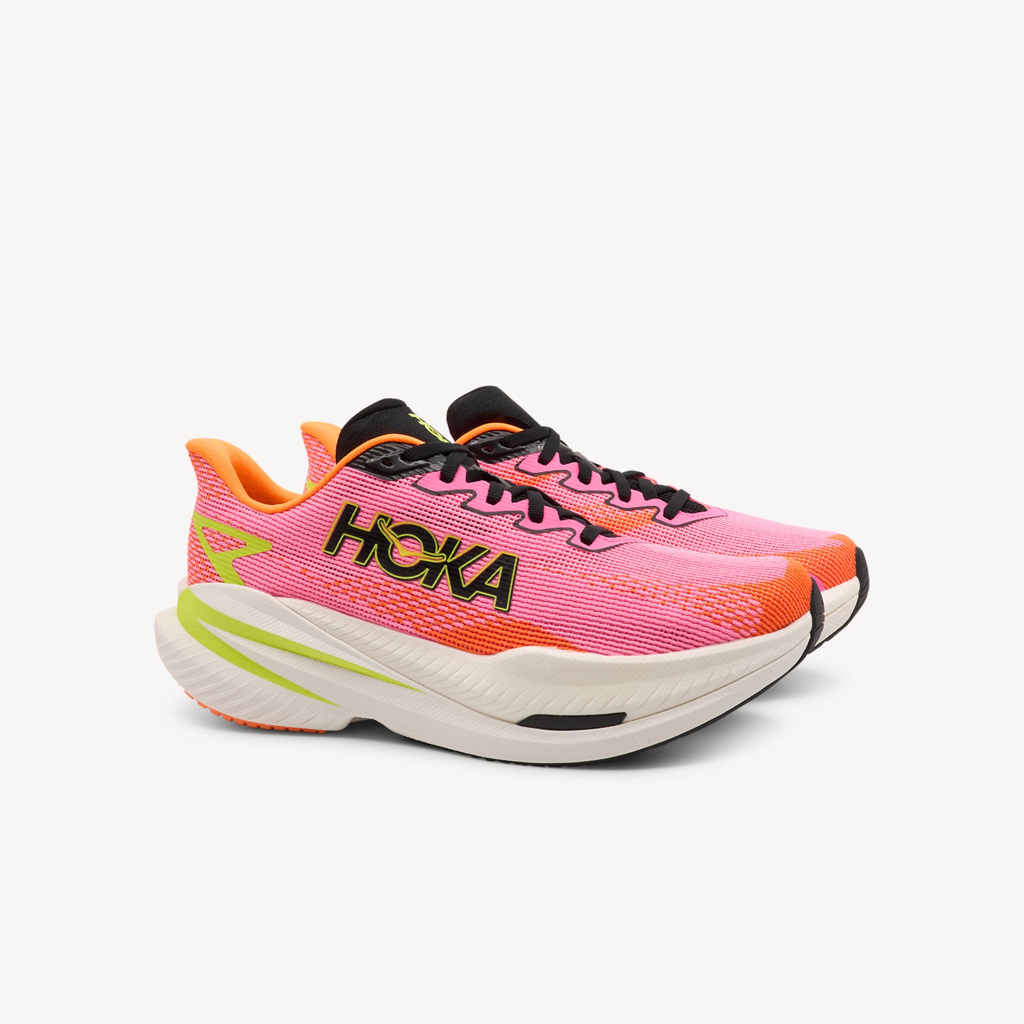 Side view of Hoka Mach X 3 women's racing shoes. They feature a dual-density PEBA midsole & Pebax plate at Profeet Footwear. Versatile performance for tempo runs & daily training.