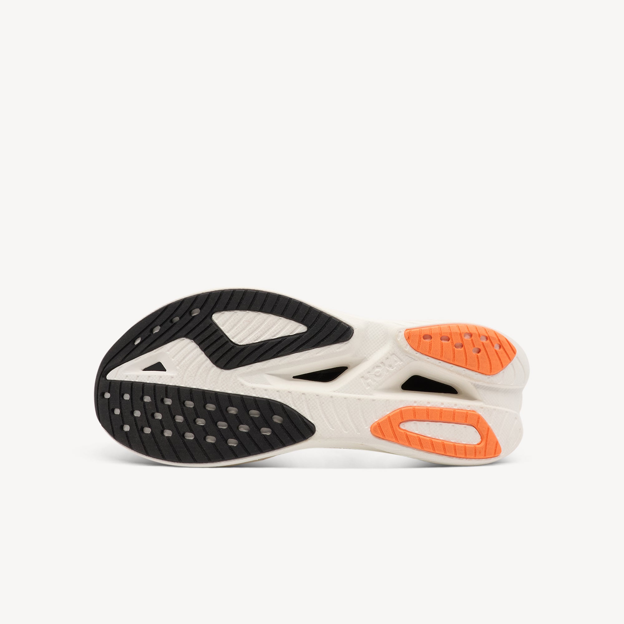 Outsole view of Hoka Mach x 3 Womens. They feature a lightweight rubber outsole strategically placed in high-wear zones for durability without excess weight