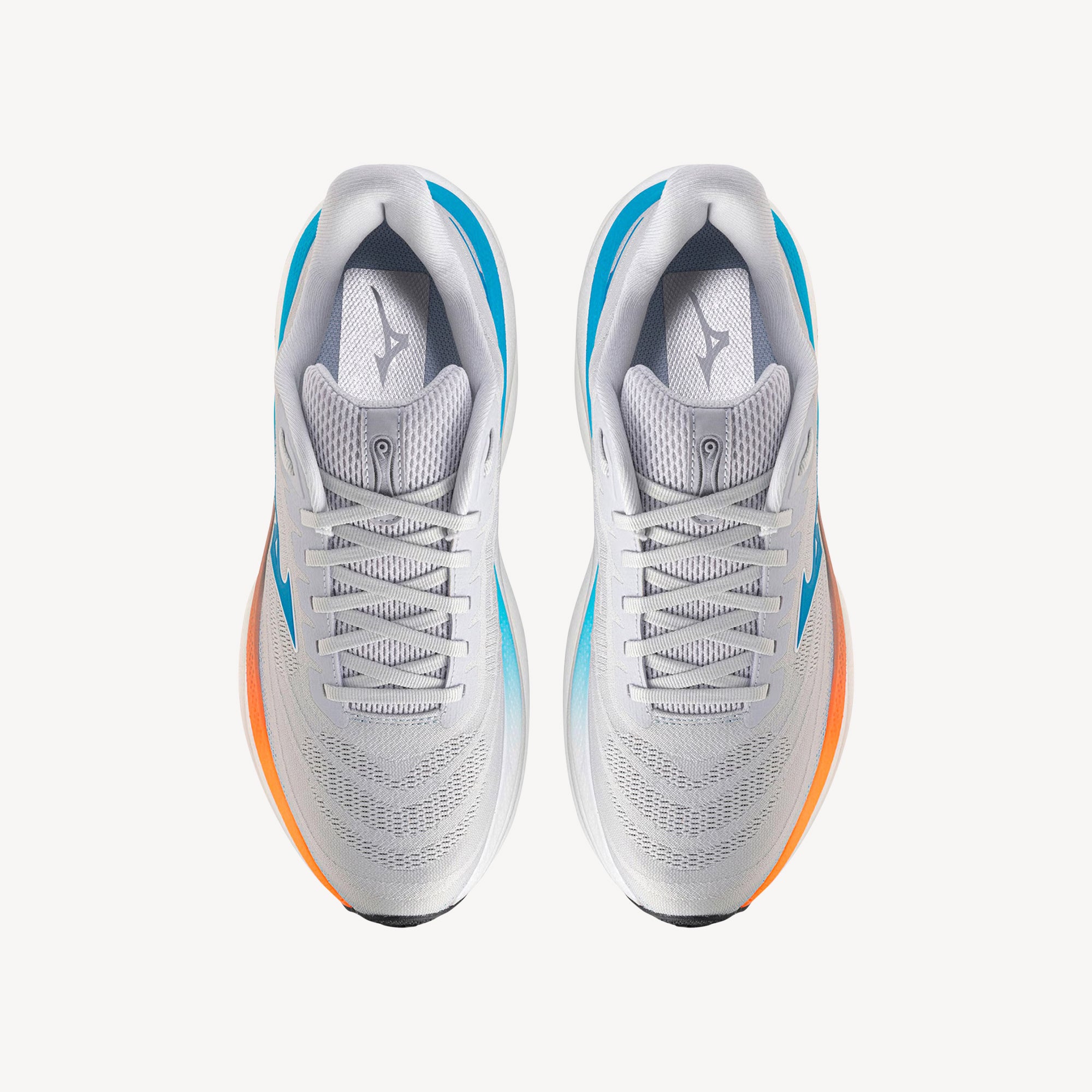 Top view of Mizuno Wave Sky 9 Cloudscape/Blue Jewel/Lava Orange men's – premium cushioned road running shoe with Wave plate technology. Shop now at ProFeet Footwear.