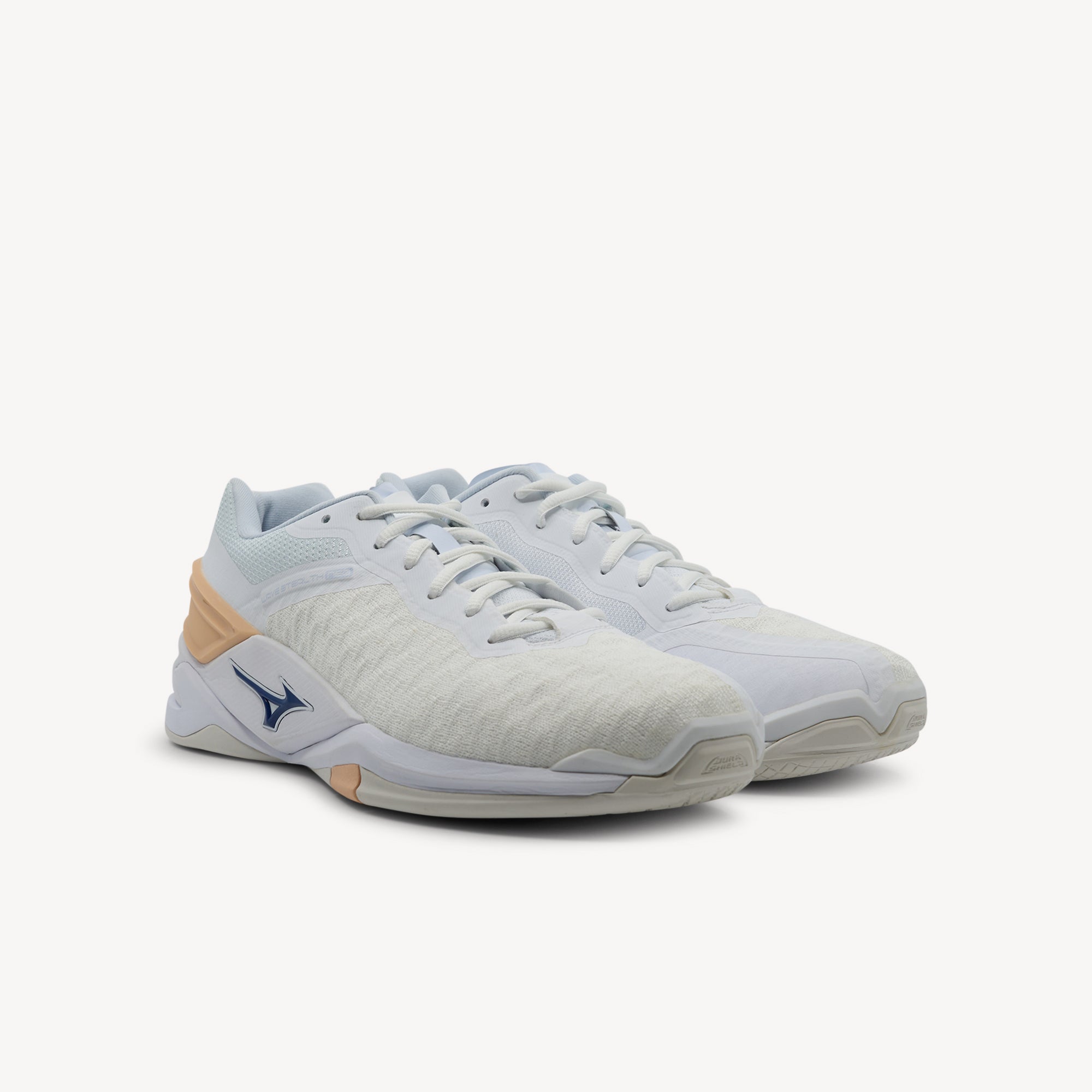 Side view of Mizuno Wave Stealth Neo NB features ENERZY CORE at Profeet Footwear. Women's netball shoe for high stability, dynamic cushioning and explosive court performance.