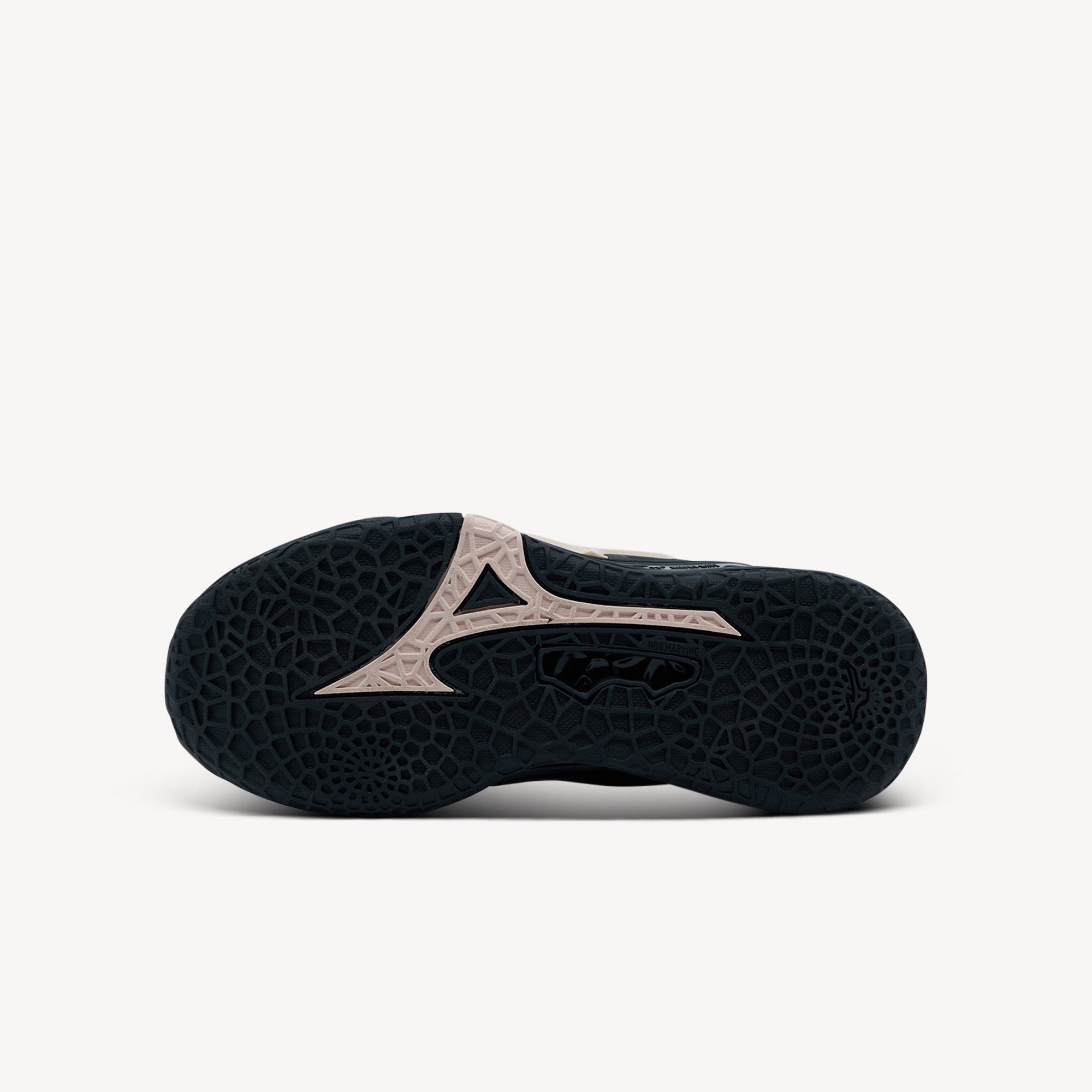 Outsole view of Mizuno Wave Stealth Neo 2 NB. XG Rubber outsole provides superior grip and high traction to the floor whilst reducing overall shoe weight. Shop now at Profeet Footwear.