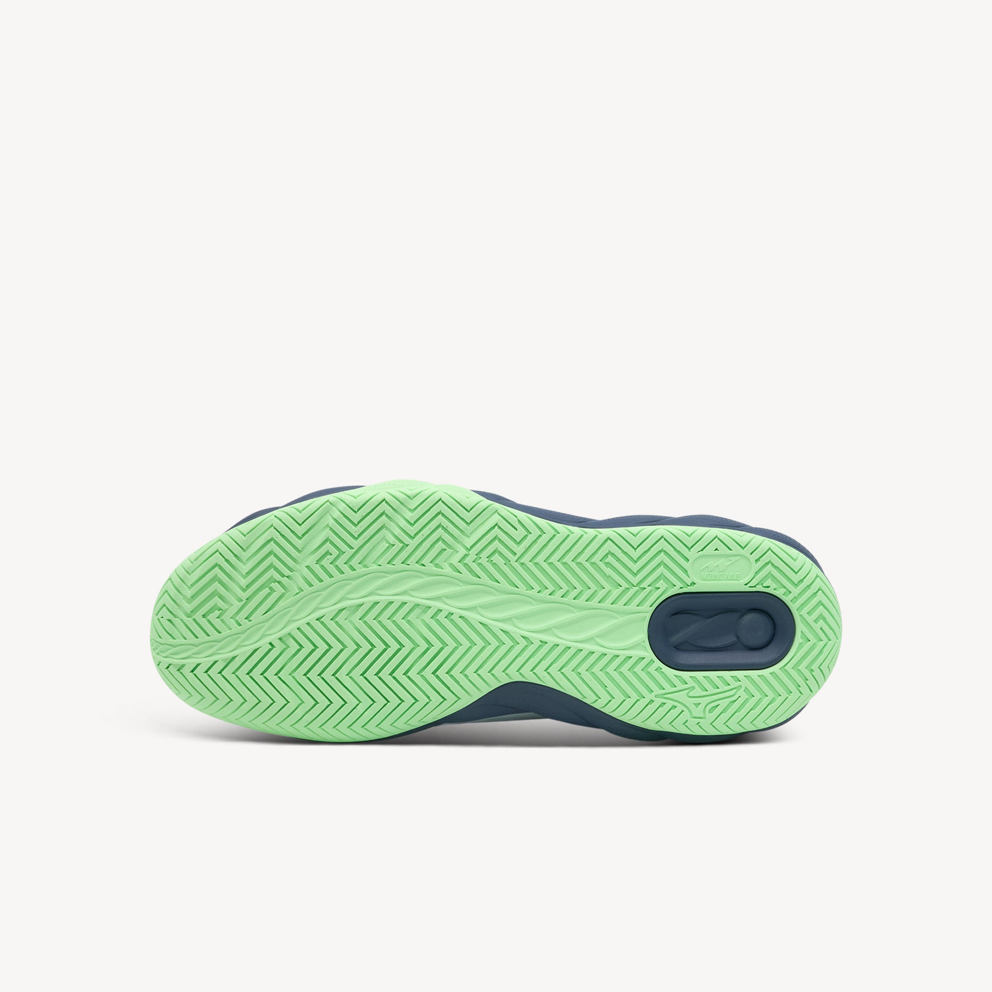 Outsole view of Mizuno Wave Enforce Court. X10 Carbon rubber outsole with flat sole and outrigger design for enhanced grip, rotational stability. Shop now at Profeet Footwear.