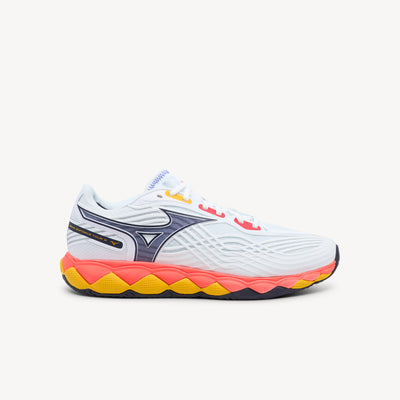 Mizuno Wave Enforce Tour 2 AC features stability & cushioning at Profeet Footwear. White/Fiery Coral tennis shoe for competitive court performance.