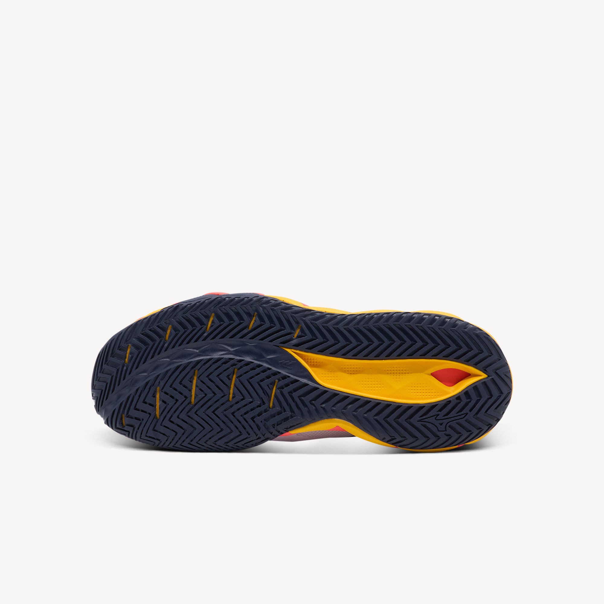 Outsole view of Mizuno Wave Enforce Tour 2 AC. DuRubber outrigger outsole supports forceful rotational movement for maximum stroke power and footwork stabilit. Shop now at Profeet Footwear.