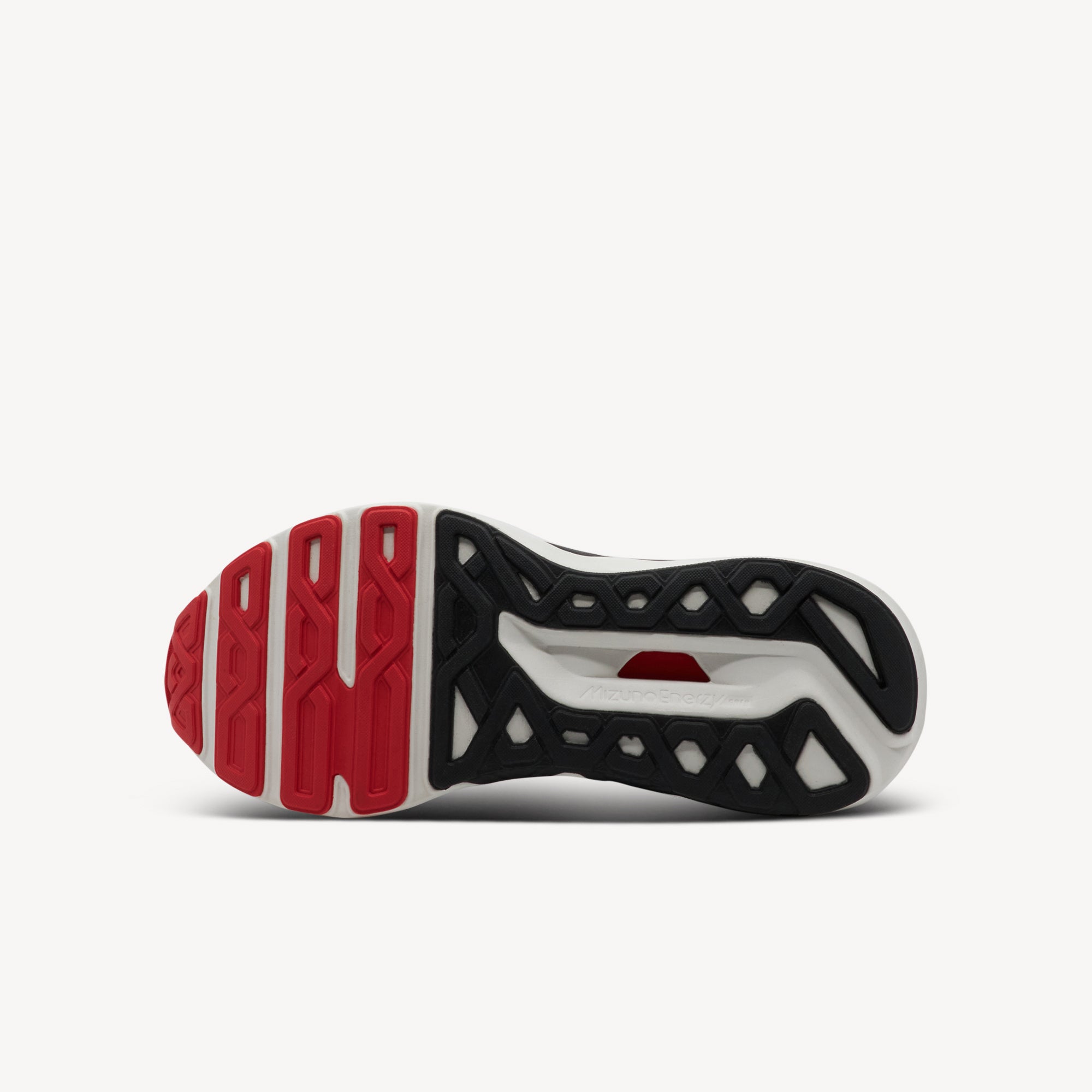 Outsole view of Mizuno Wave Horizon 6 features ENERZY CORE foam at Profeet Footwear. Women's stability running shoe for maximum cushioning, support and floating comfort.