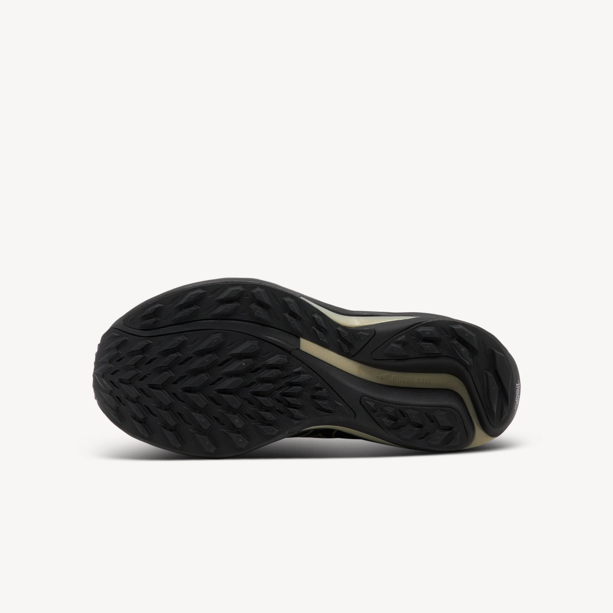 Outsole view of Mizuno Wave Rider GTX 2 features Gore-Tex technology at Profeet Footwear. Women's waterproof shoe for all-weather running with ENERZY NXT cushioning.