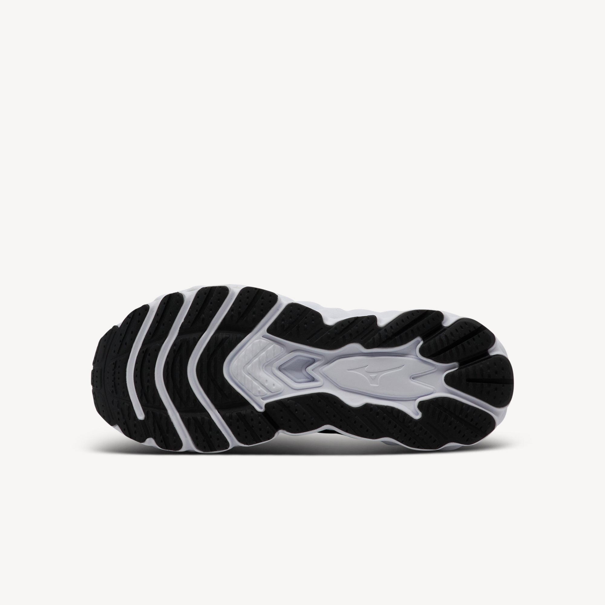 Outsole view of Mizuno Wave Sky 8 features Foam Wave technology at Profeet Footwear. Men's cushioned trainer for floating comfort and responsive daily running performance.