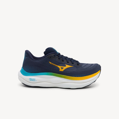 Mizuno Wave Sky 9 features nitrogen-infused cushioning at Profeet Footwear. Baritone Blue running shoe for long-distance comfort and daily training.