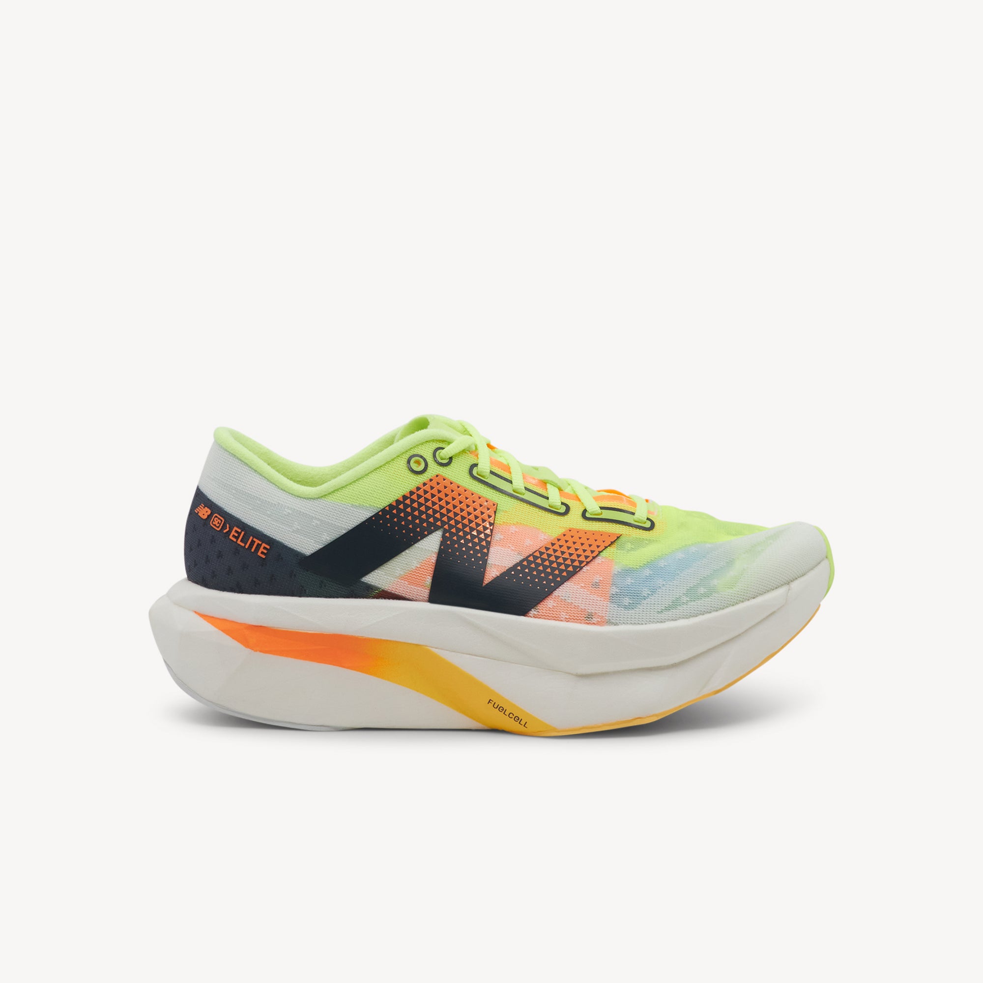 New Balance FuelCell SuperComp Elite v4 White Bleached Lime Glo Hot Mango Womens features ultra‑light FuelCell PEBA midsole, full carbon plate and rockered geometry for fast runs.