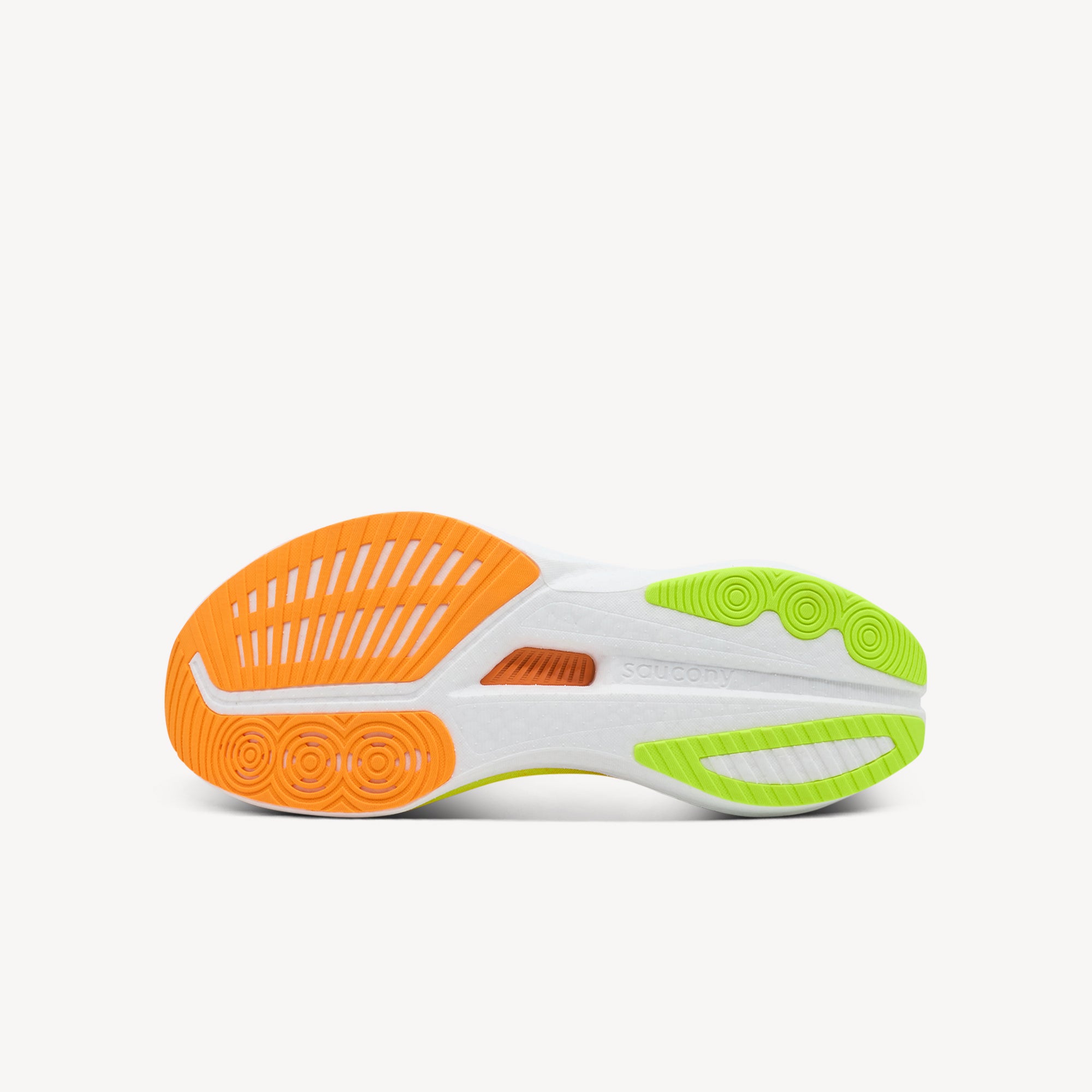 Outsole view of Saucony Endorphin Speed 5. Updated XT-900 Carbon Rubber Outsole features reconfigured high-density compound with expanded heel coverage. Shop now at Profeet Footwear.