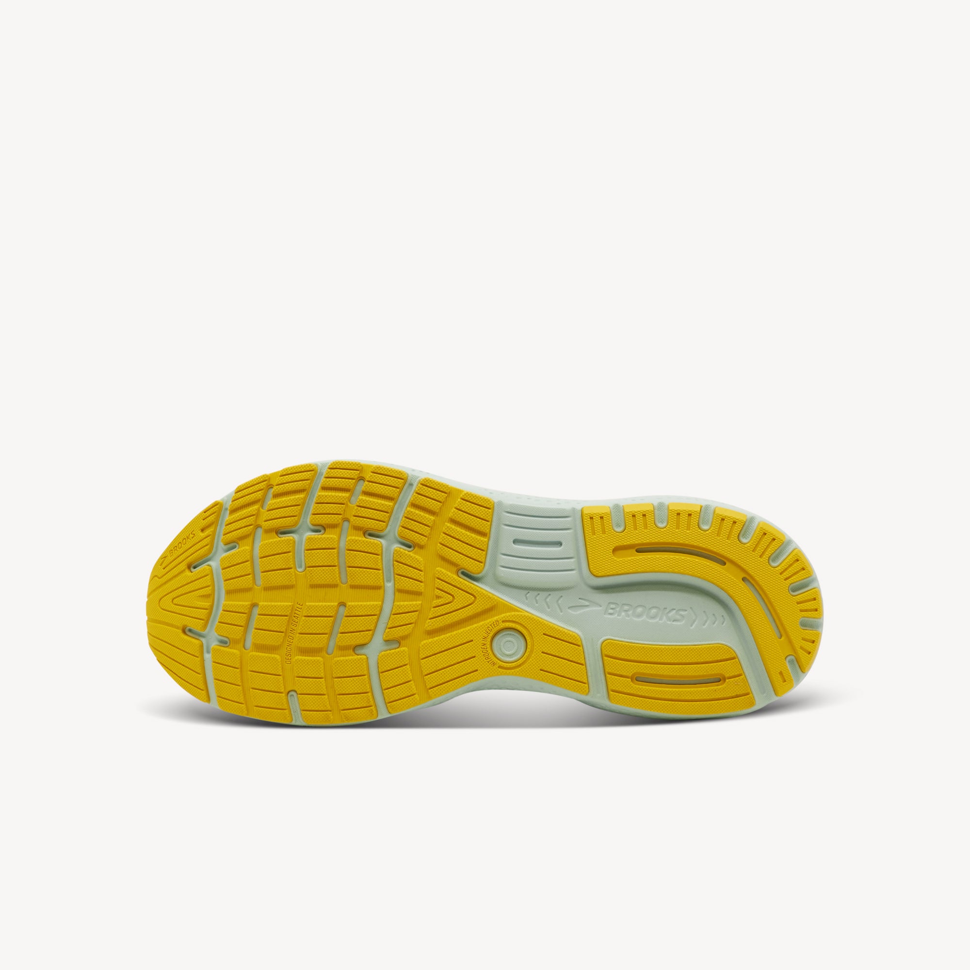 Outsole view of Brooks Ghost 16 features soft lightweight cushioning at Profeet Footwear. Smooth transitions with breathable fit for distraction-free running. Shop now.